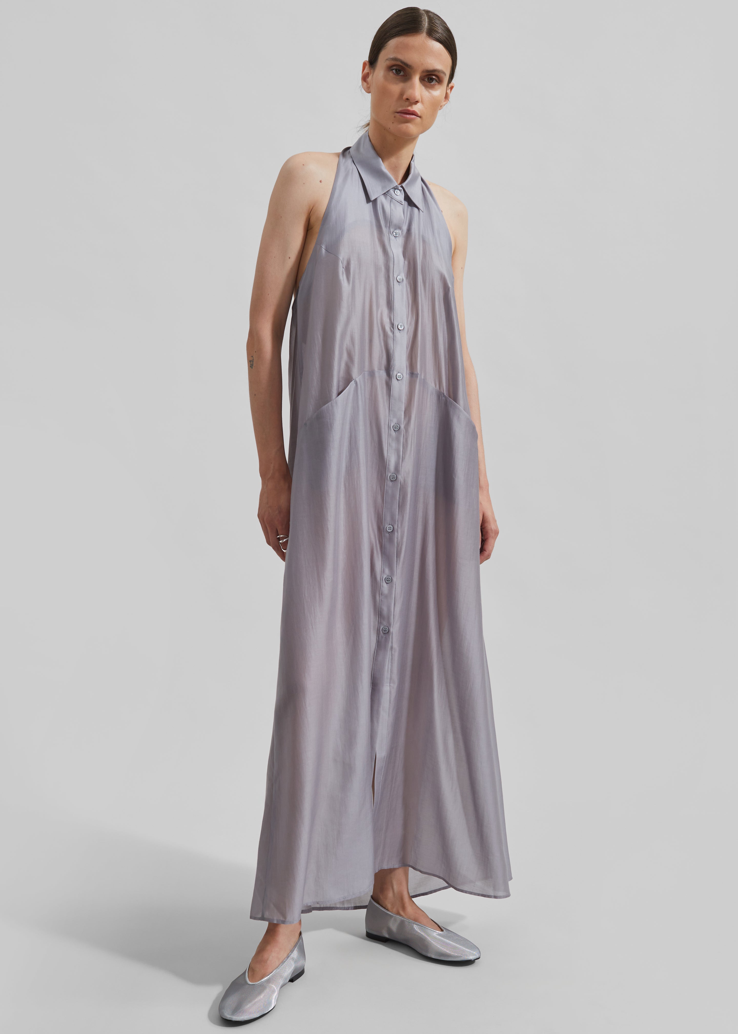 Temi Sheer Halter Dress - Grey - 1