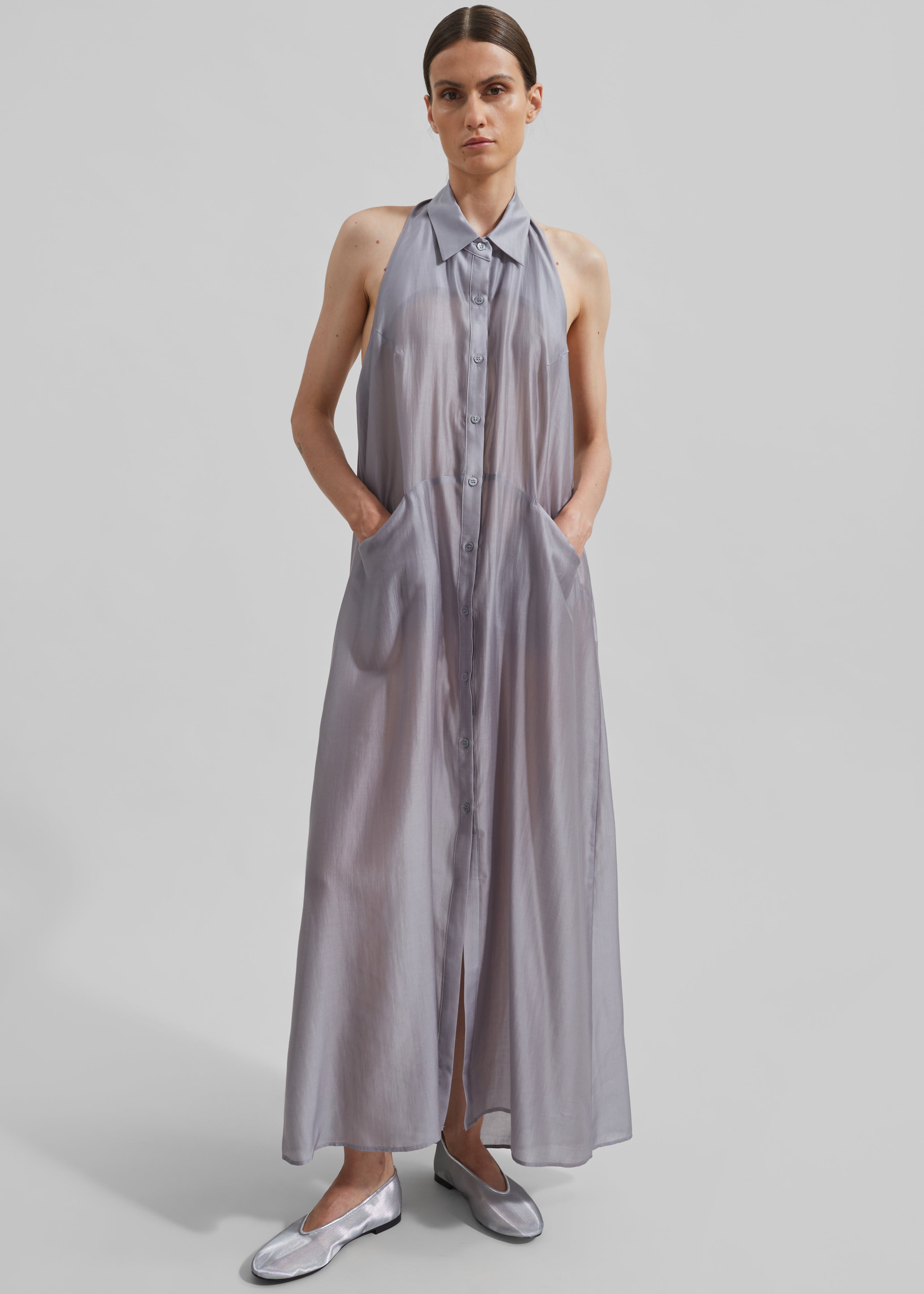 Temi Sheer Halter Dress - Grey - 5