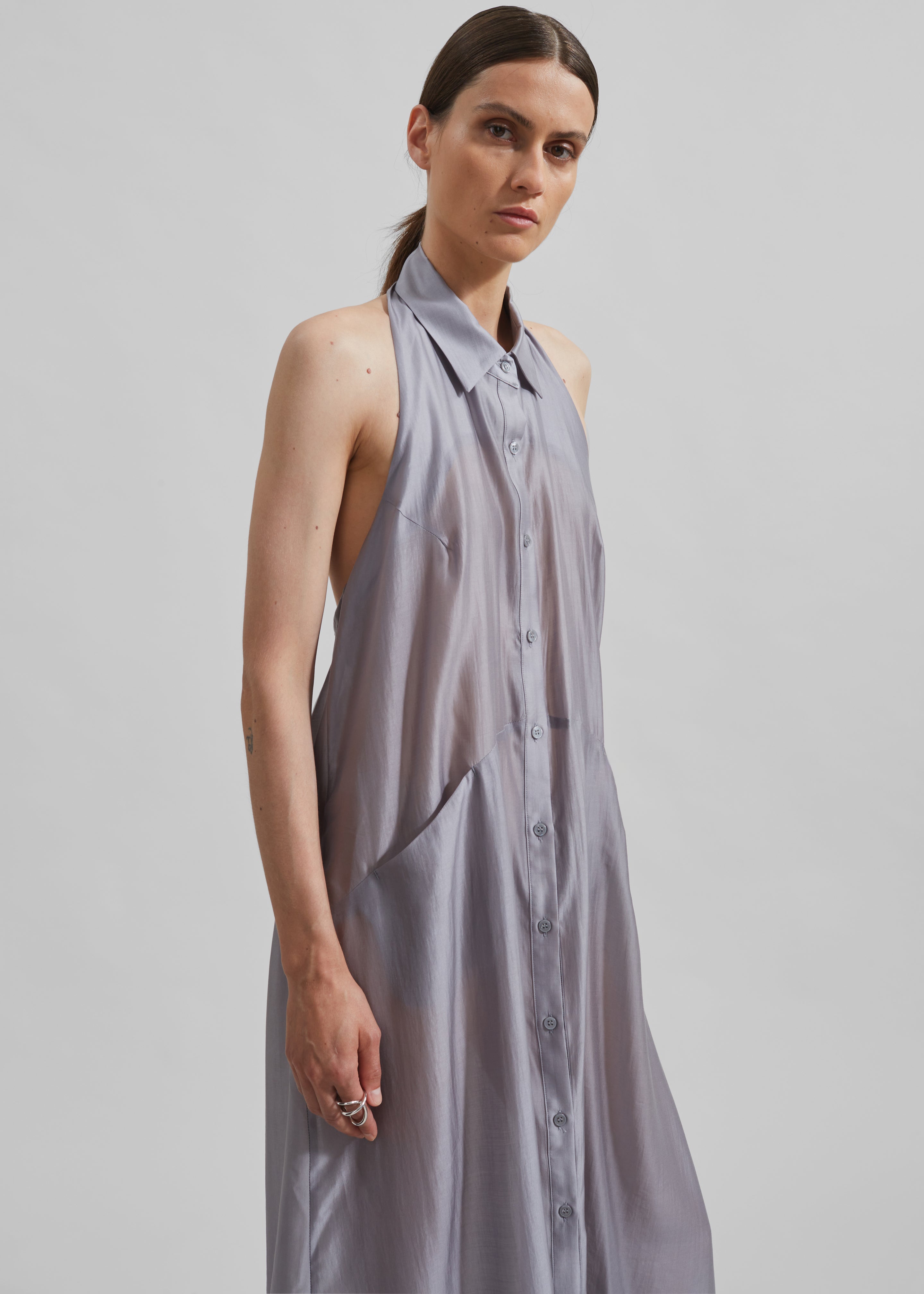 Temi Sheer Halter Dress - Grey - 2