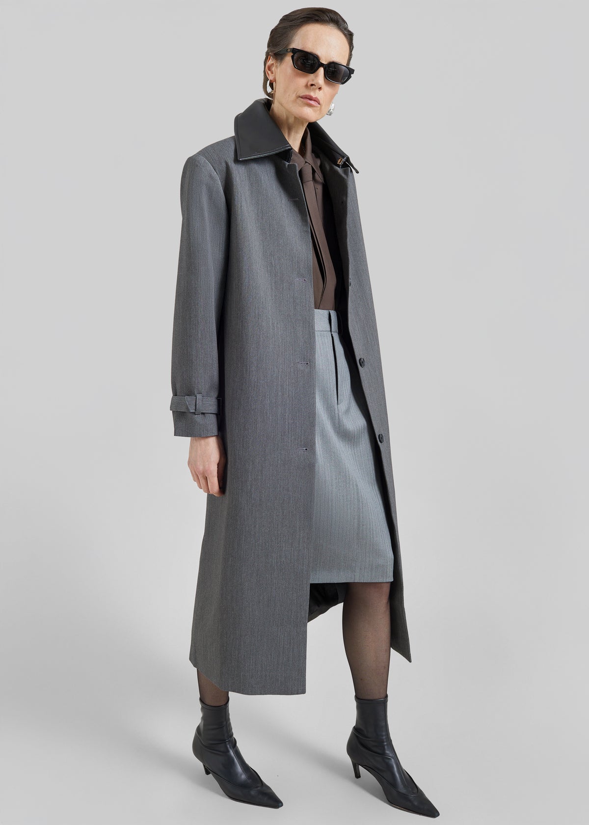 Teran Faux Leather Collar Coat - Dark Grey Melange