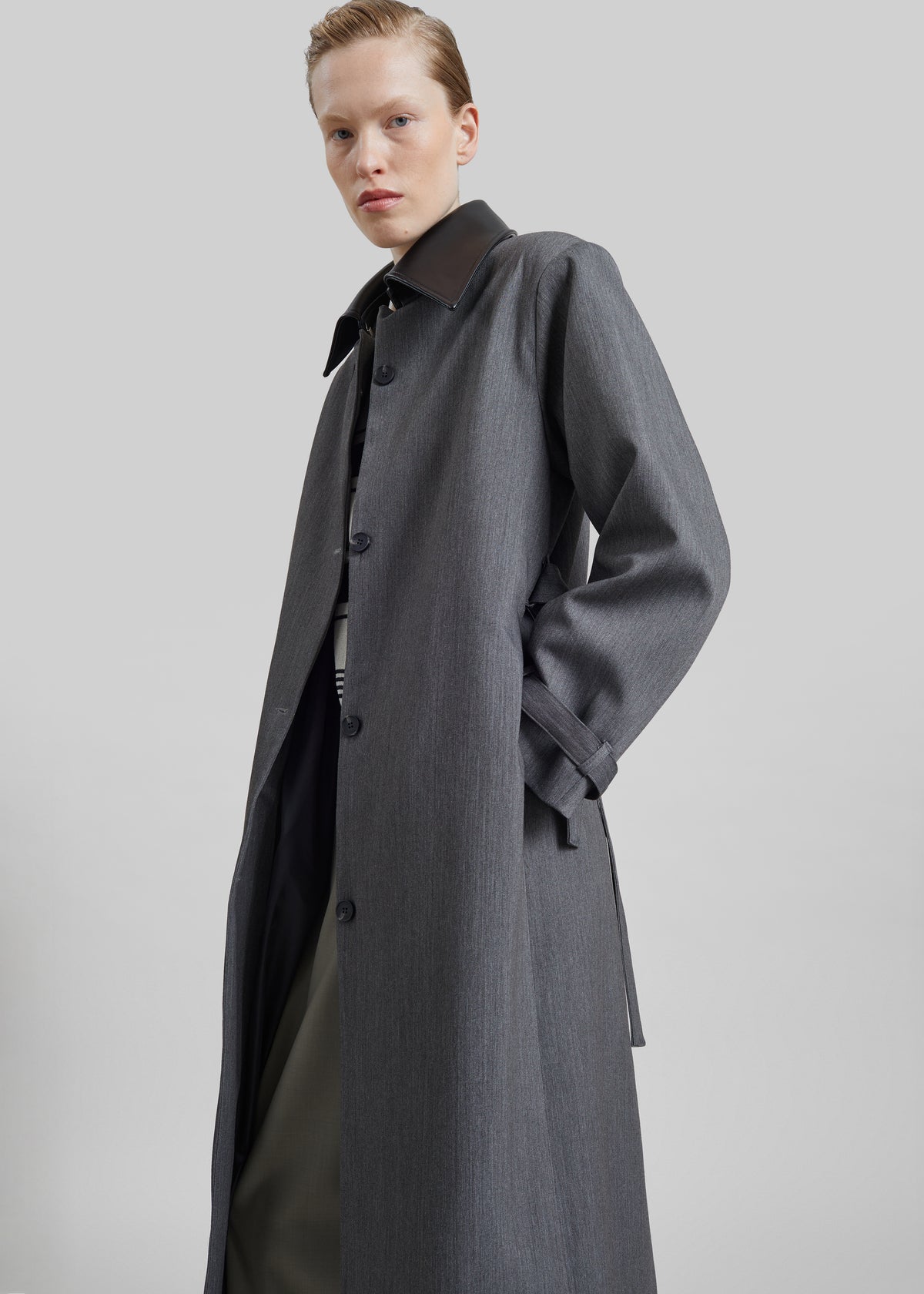 Teran Faux Leather Collar Coat - Dark Grey Melange - 3