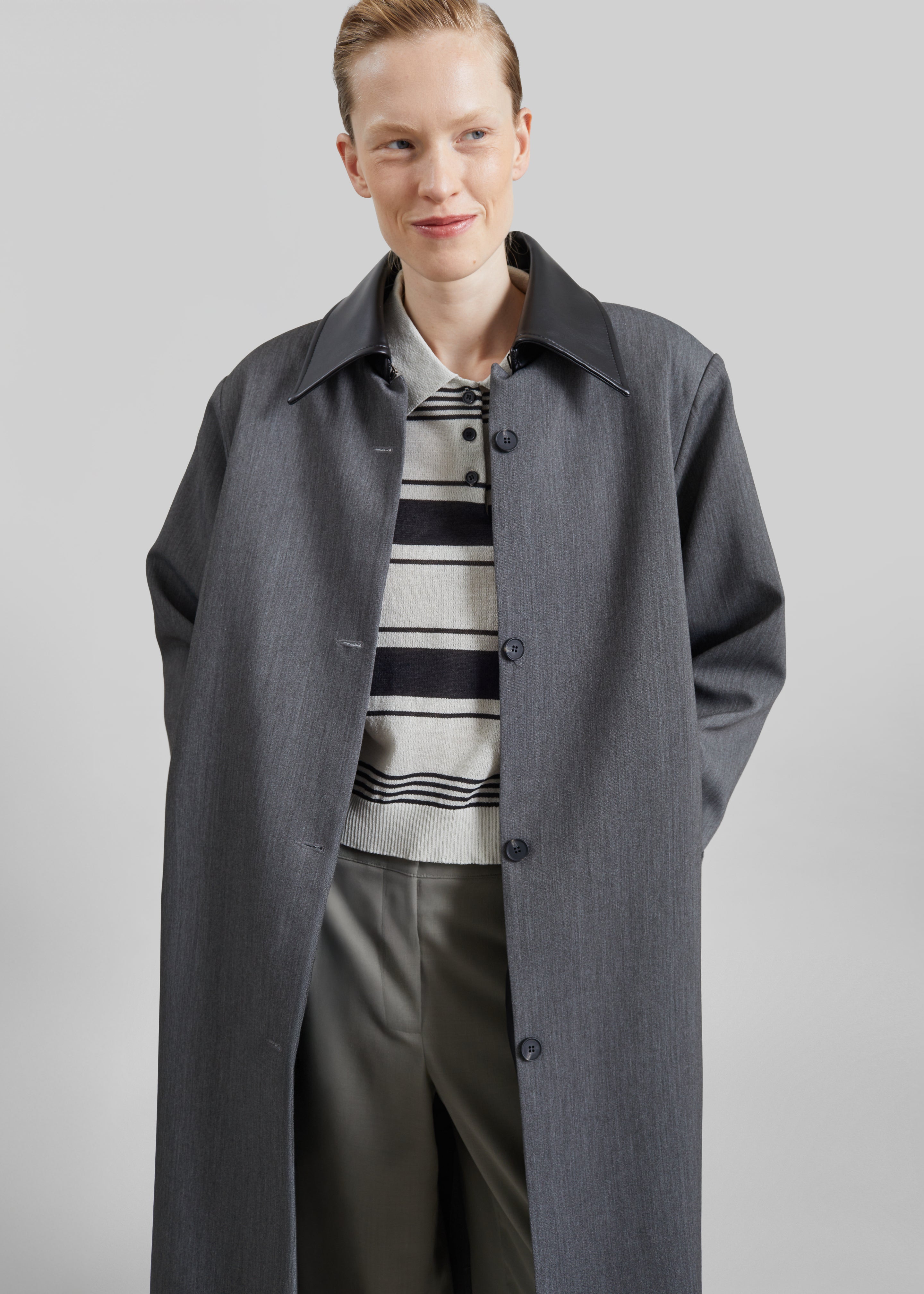Teran Faux Leather Collar Coat - Dark Grey Melange - 5