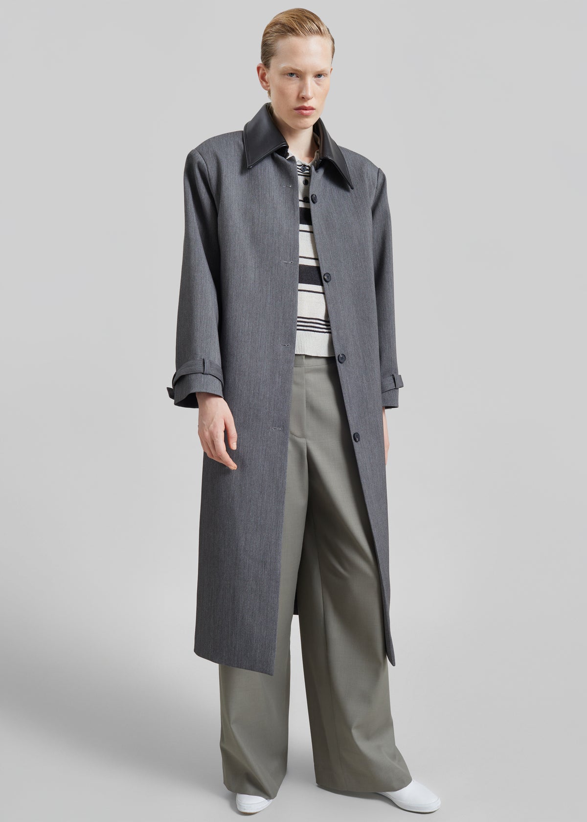 Teran Faux Leather Collar Coat - Dark Grey Melange - 2