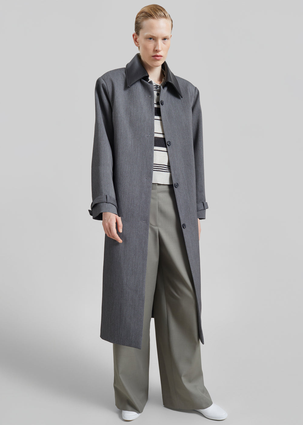 Teran Faux Leather Collar Coat - Dark Grey Melange - 1