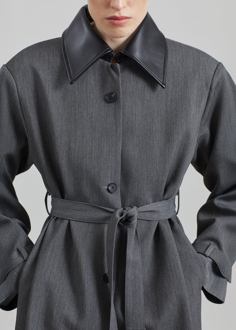 Teran Faux Leather Collar Coat - Dark Grey Melange