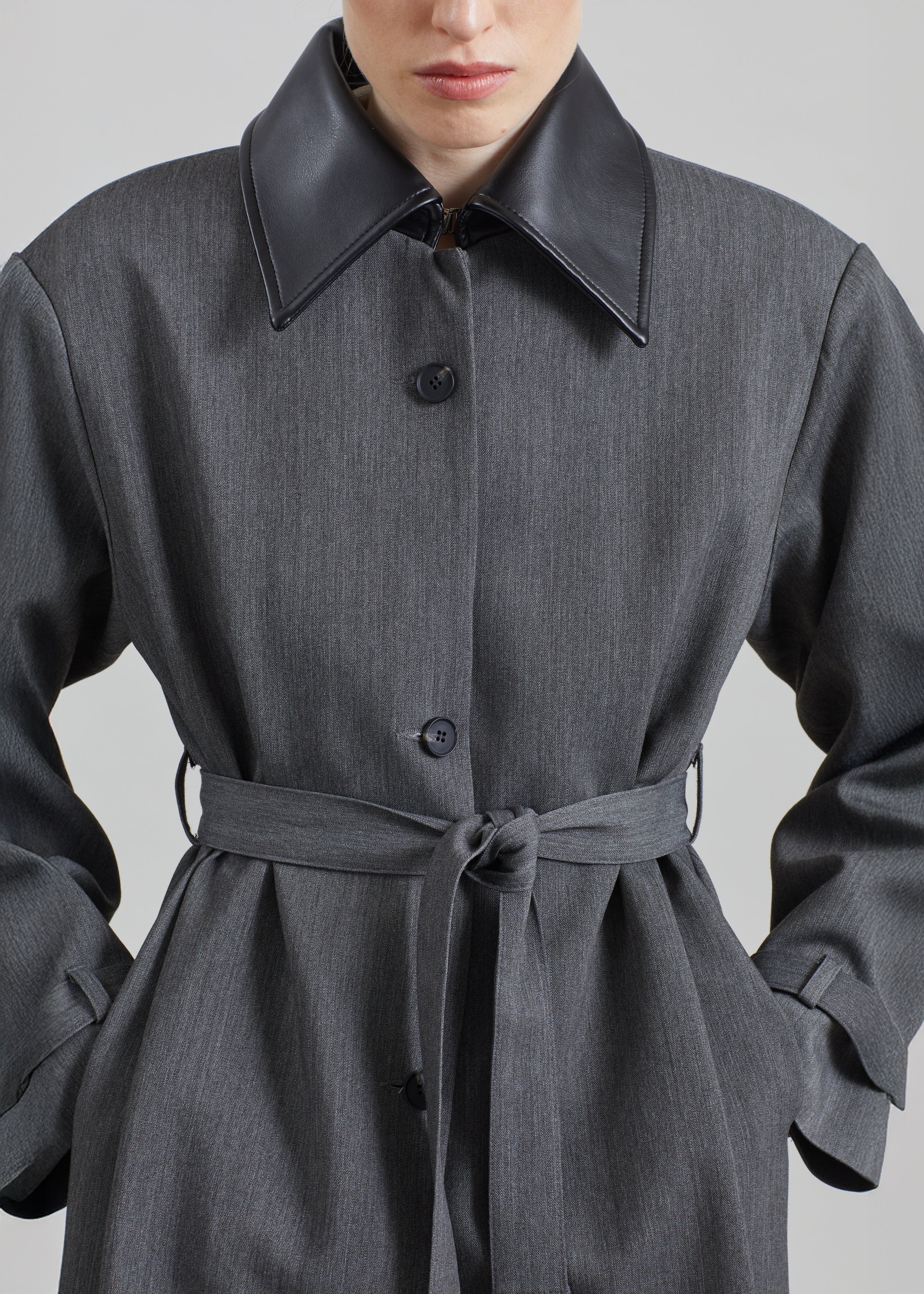 Teran Faux Leather Collar Coat - Dark Grey Melange - 1