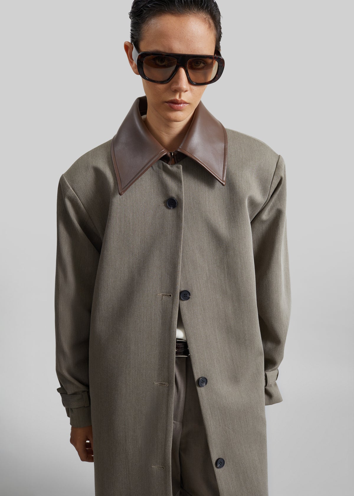 Teran Faux Leather Collar Coat - Dark Taupe - 2