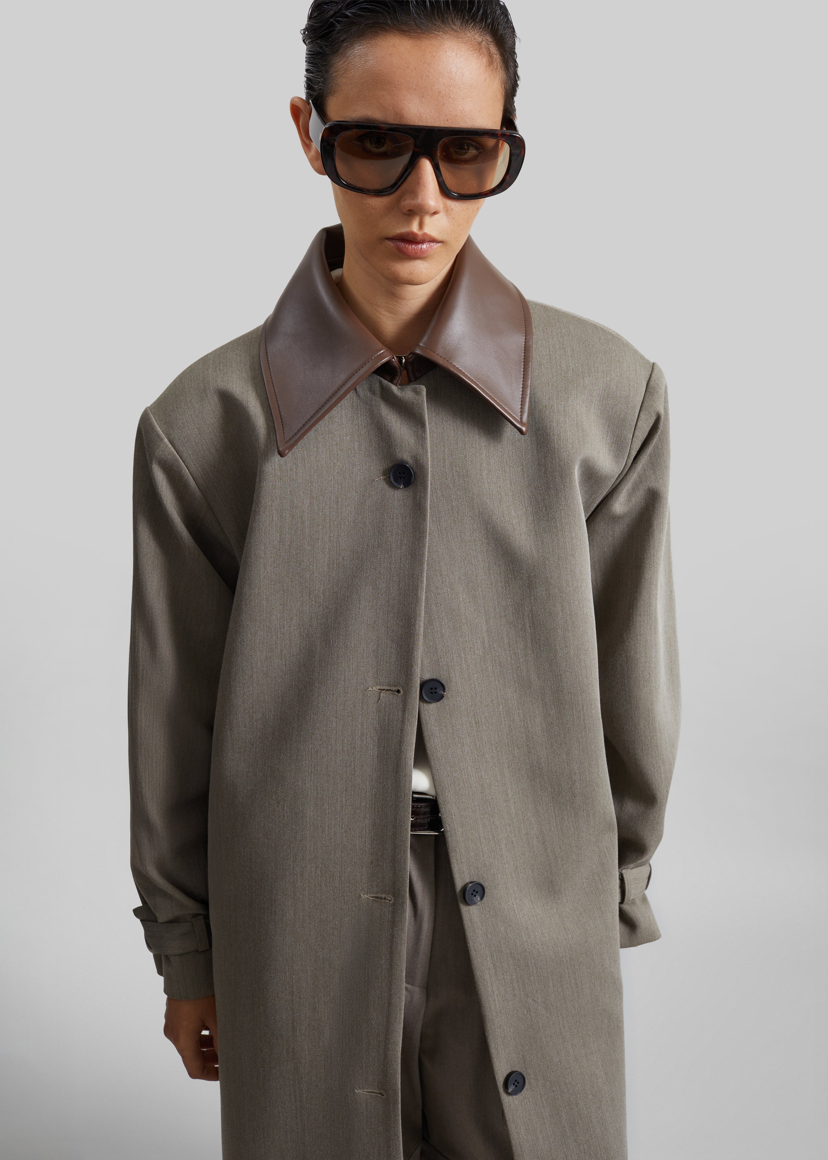Teran Faux Leather Collar Coat - Dark Taupe - 2