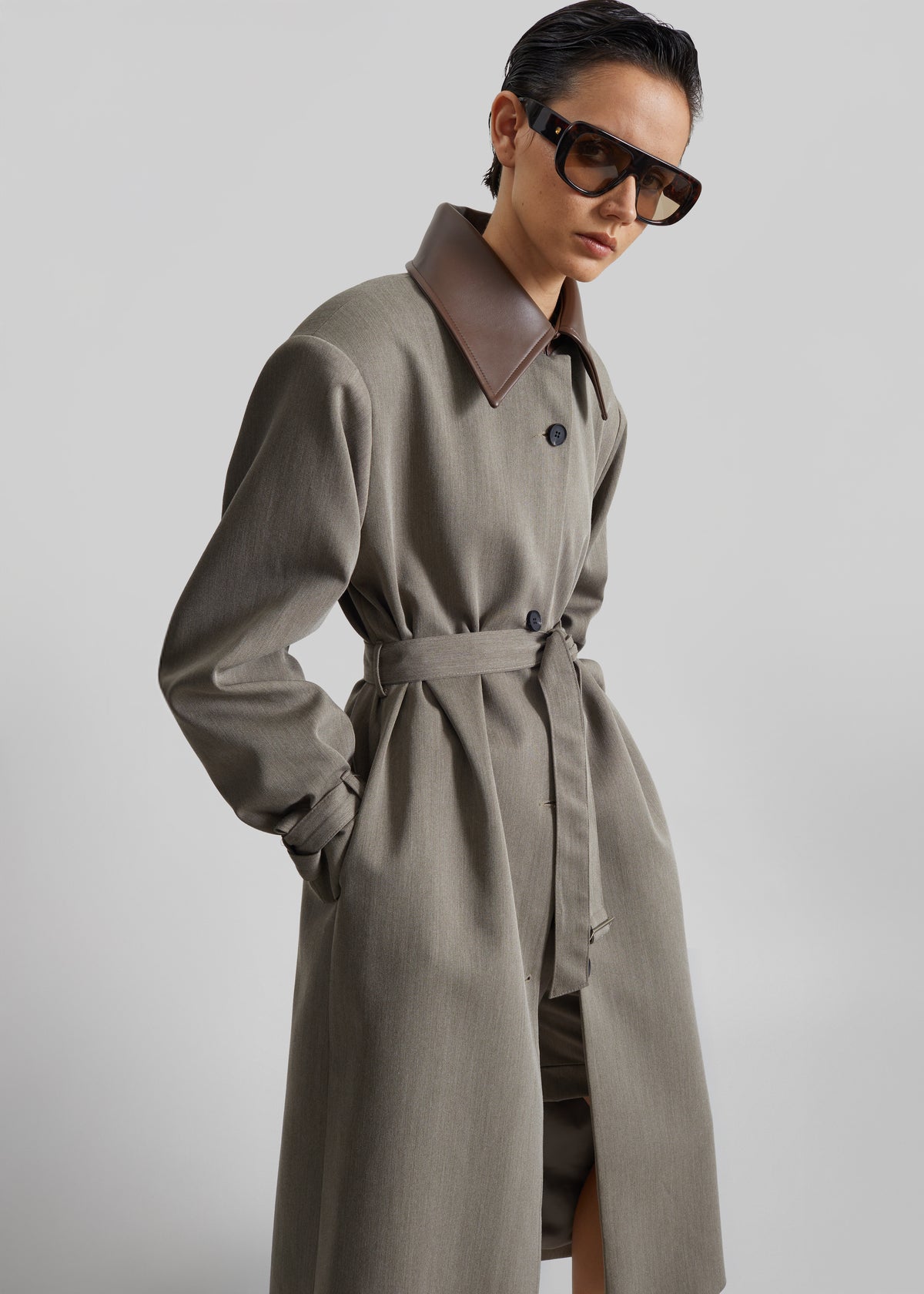 Teran Faux Leather Collar Coat - Dark Taupe - 4
