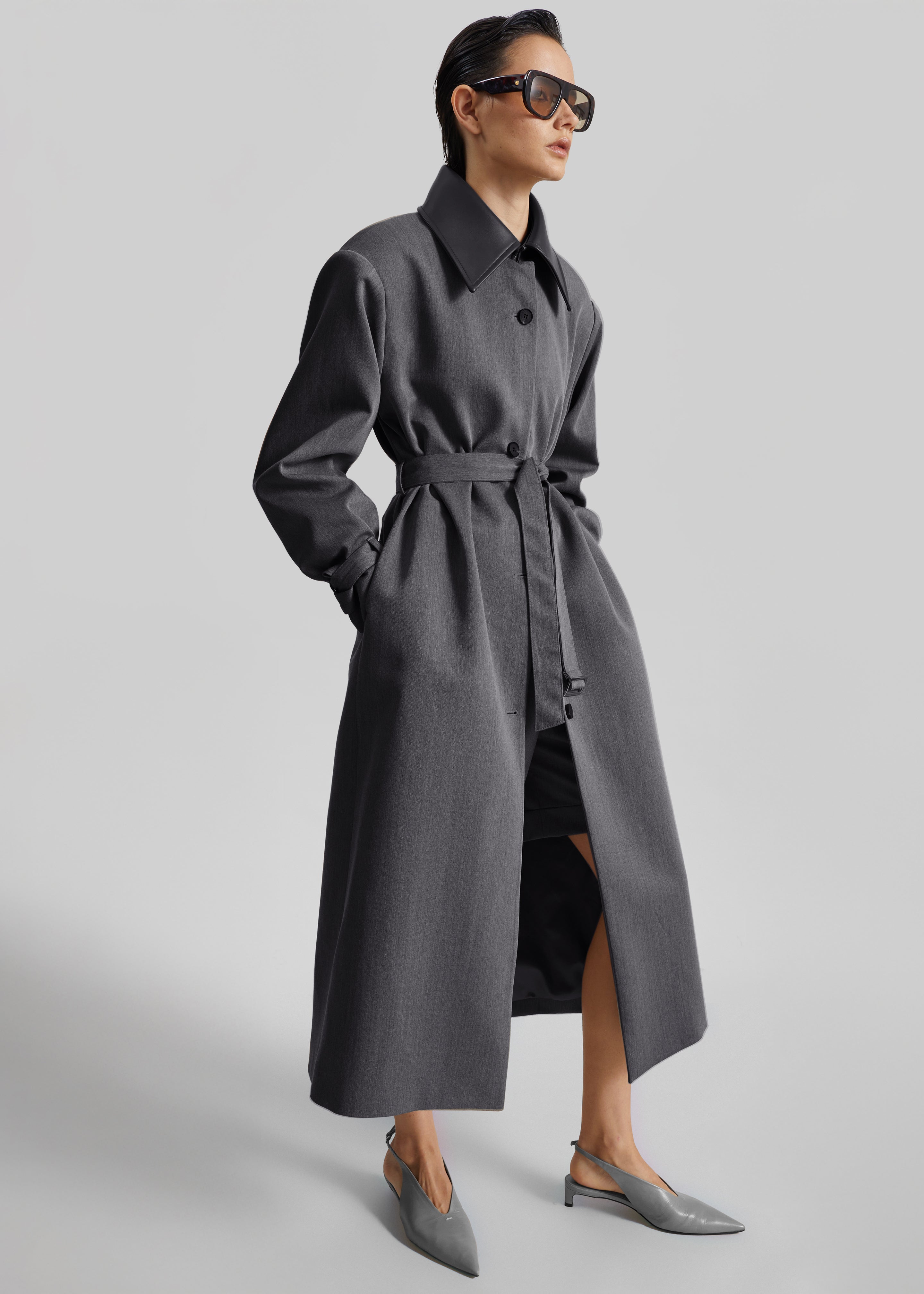 Teran Faux Leather Collar Coat - Dark Grey Melange - 4