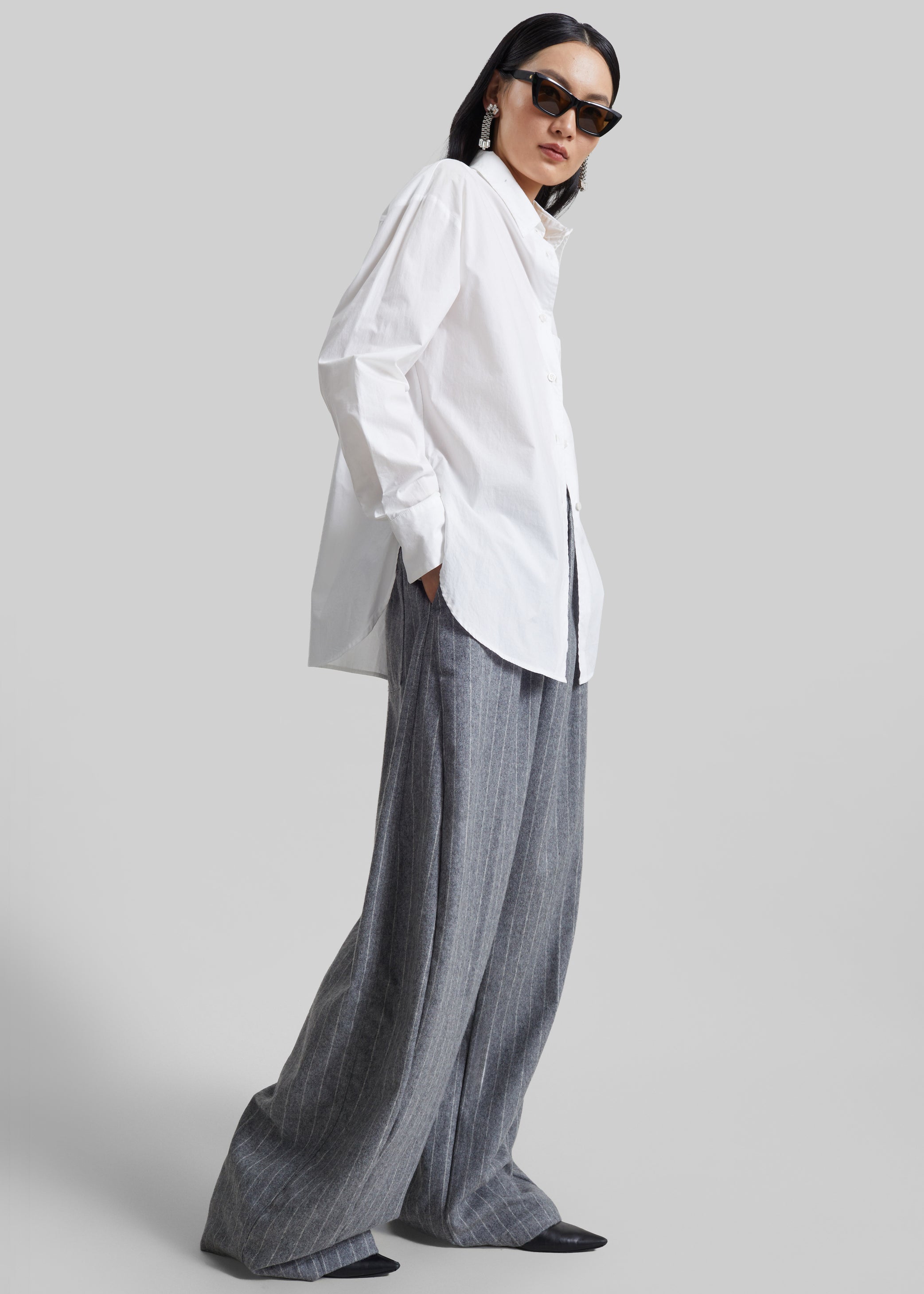 Shop the look image for TheLatest Dora Pinstripe Wool Trousers - Light Grey
