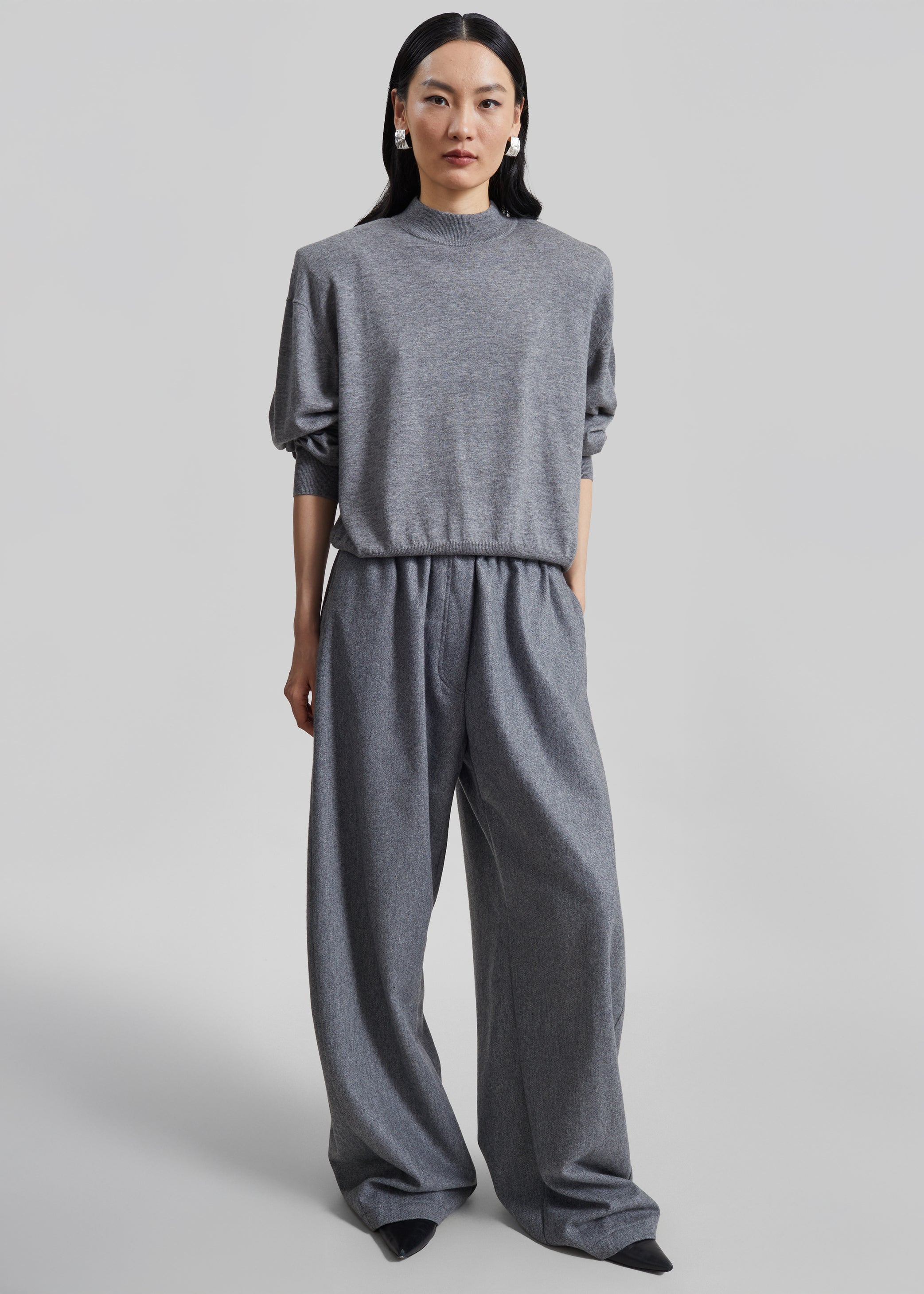 Shop the look image for TheLatest Dora Flannel Wool Trousers - Light Grey