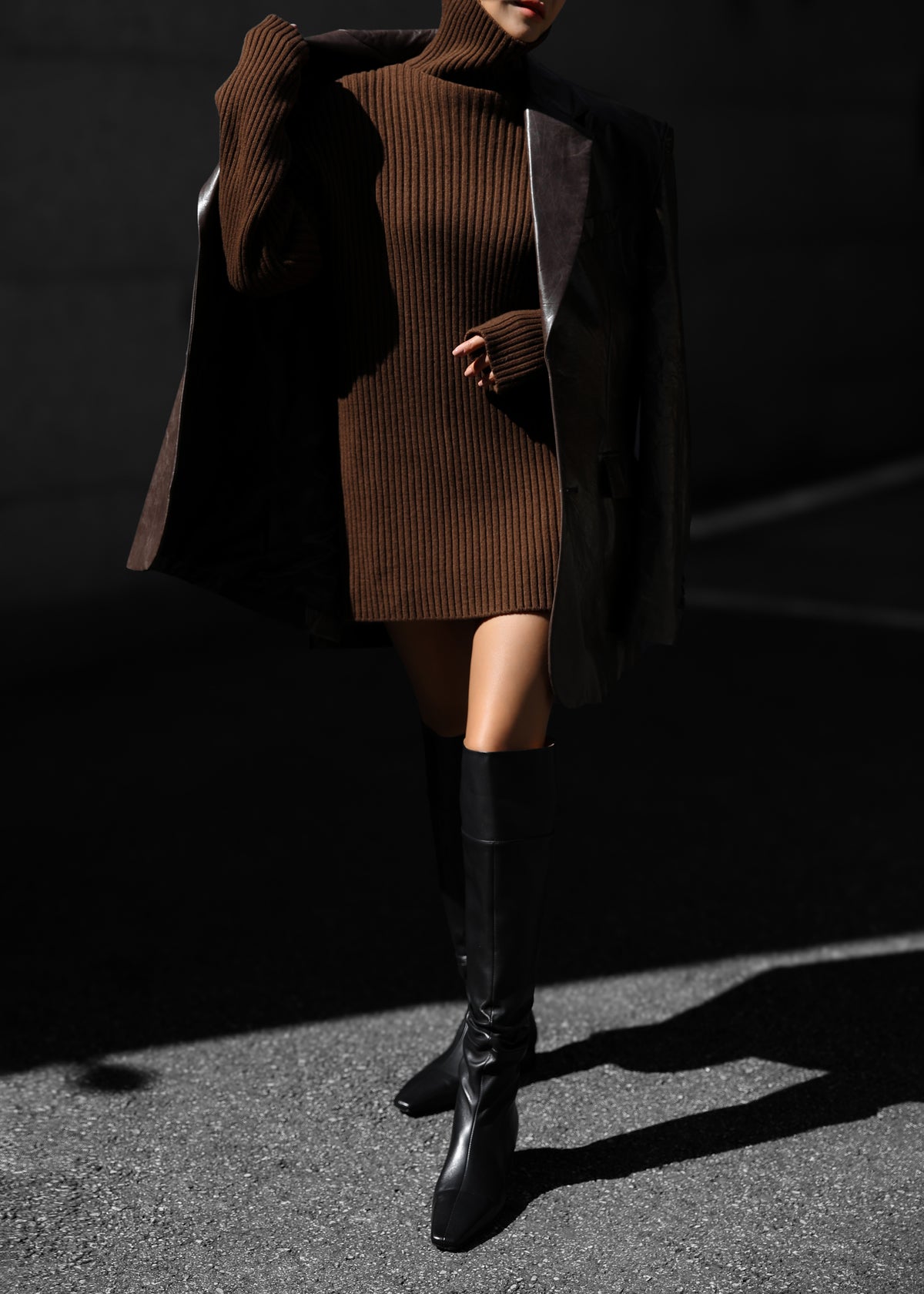 brown turtleneck sweater dress Thelma Ribbed Sweater Dress