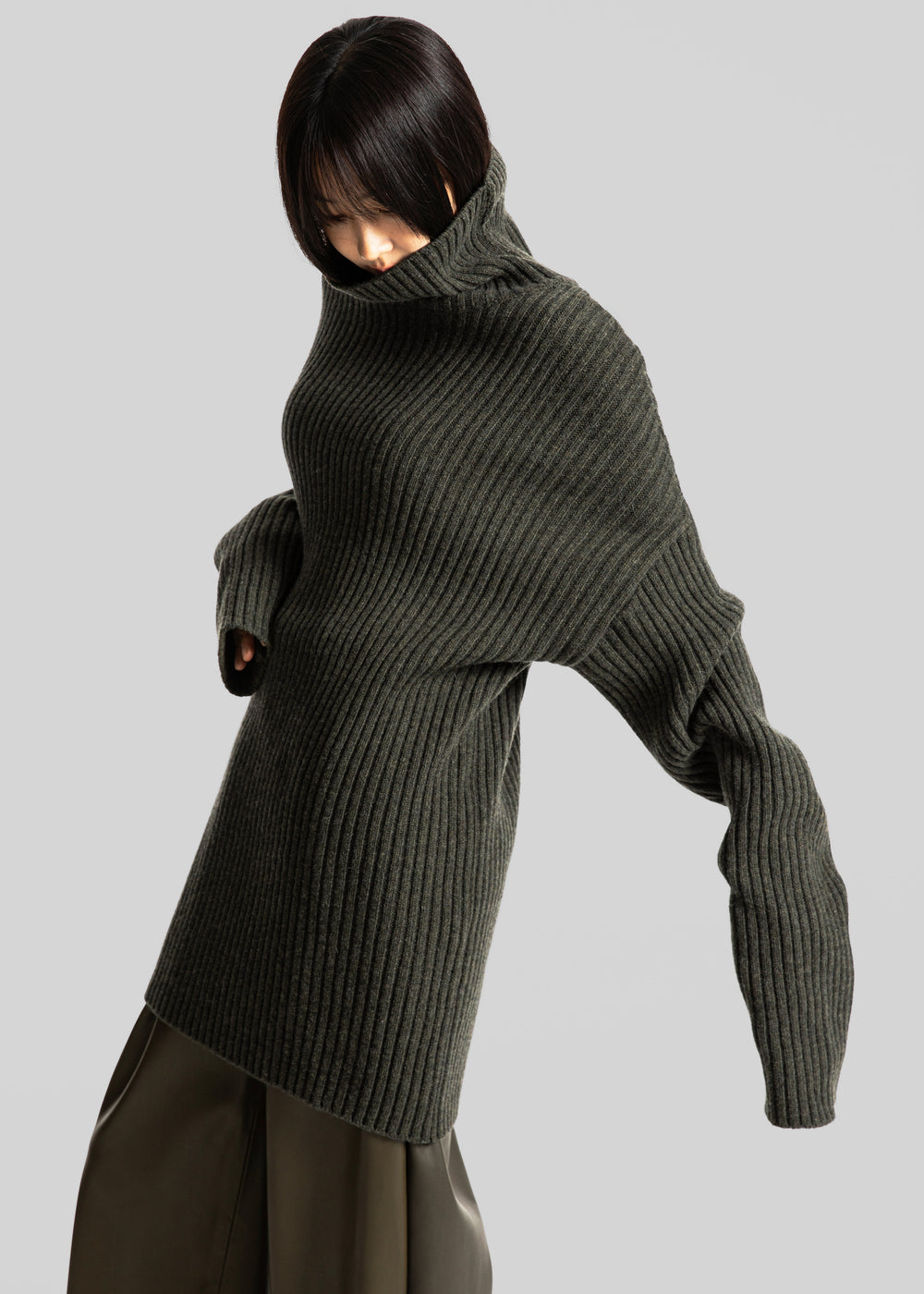 Thelma Ribbed Sweater Dress - Khaki - 1