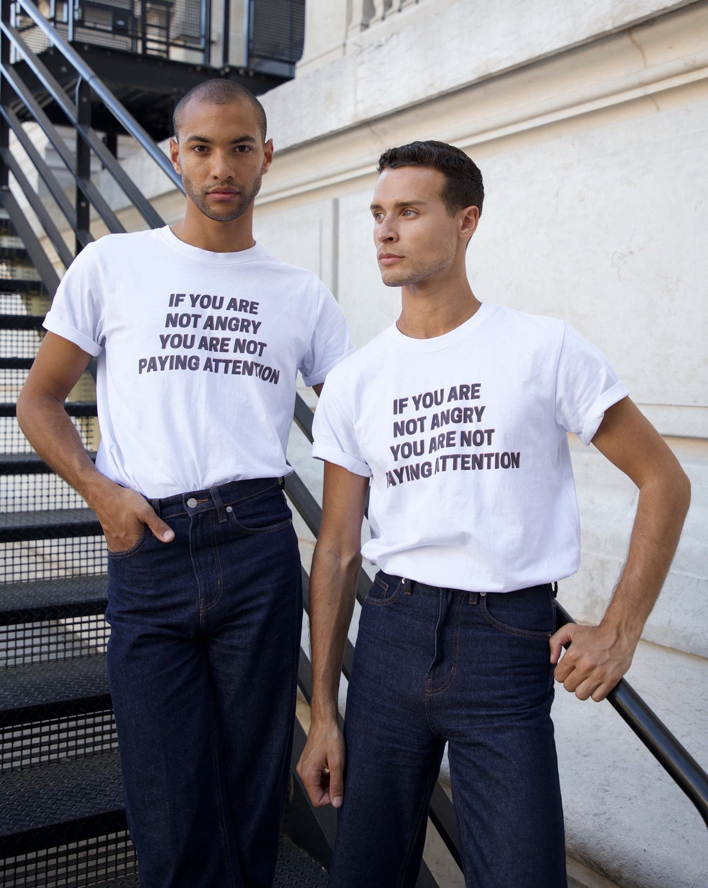 Theo and Remy wearing The Frankie Shop x Jeanne Friot if you T-Shirt.