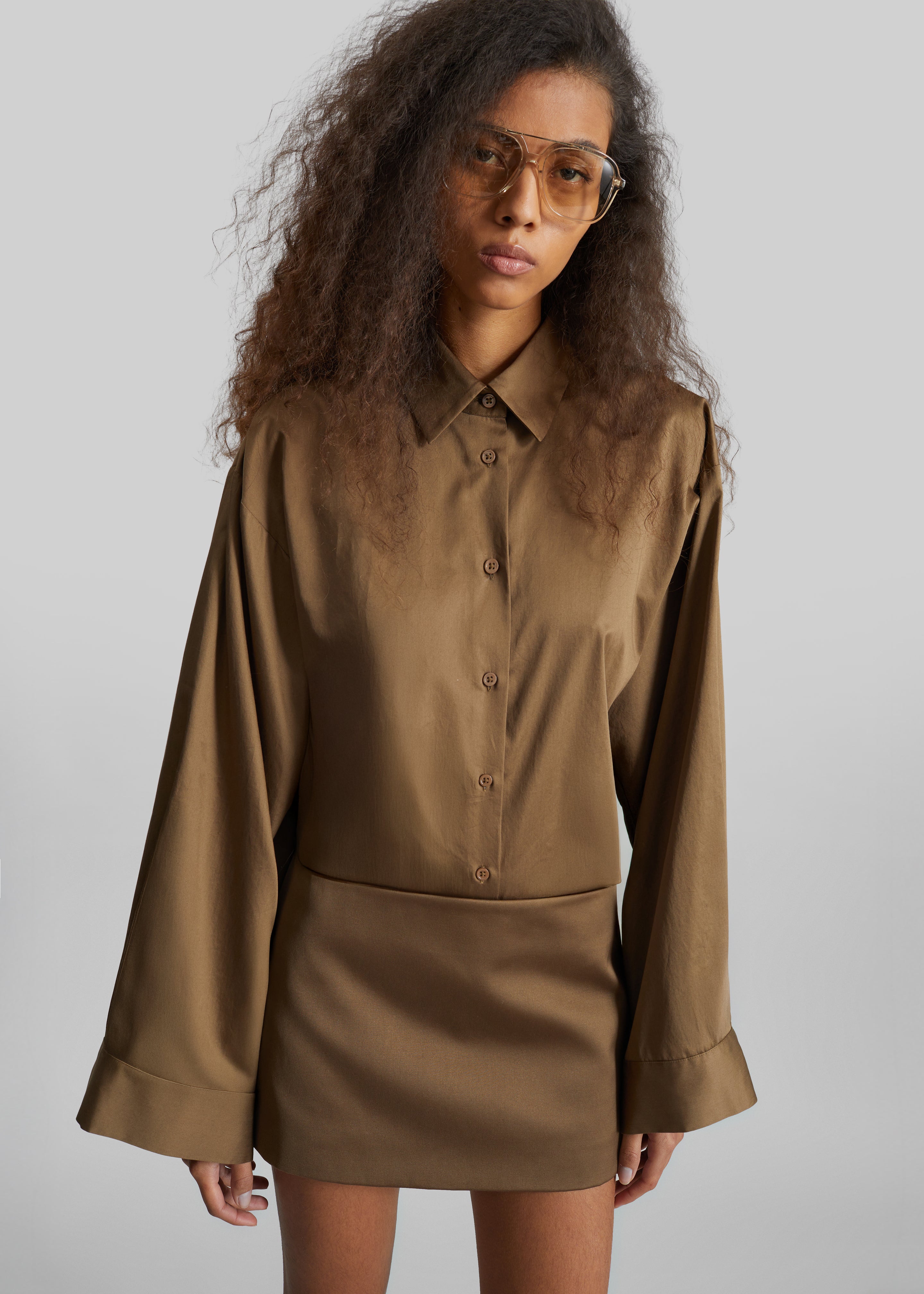 Tila Satin Wide Sleeve Shirt - Brown - 4