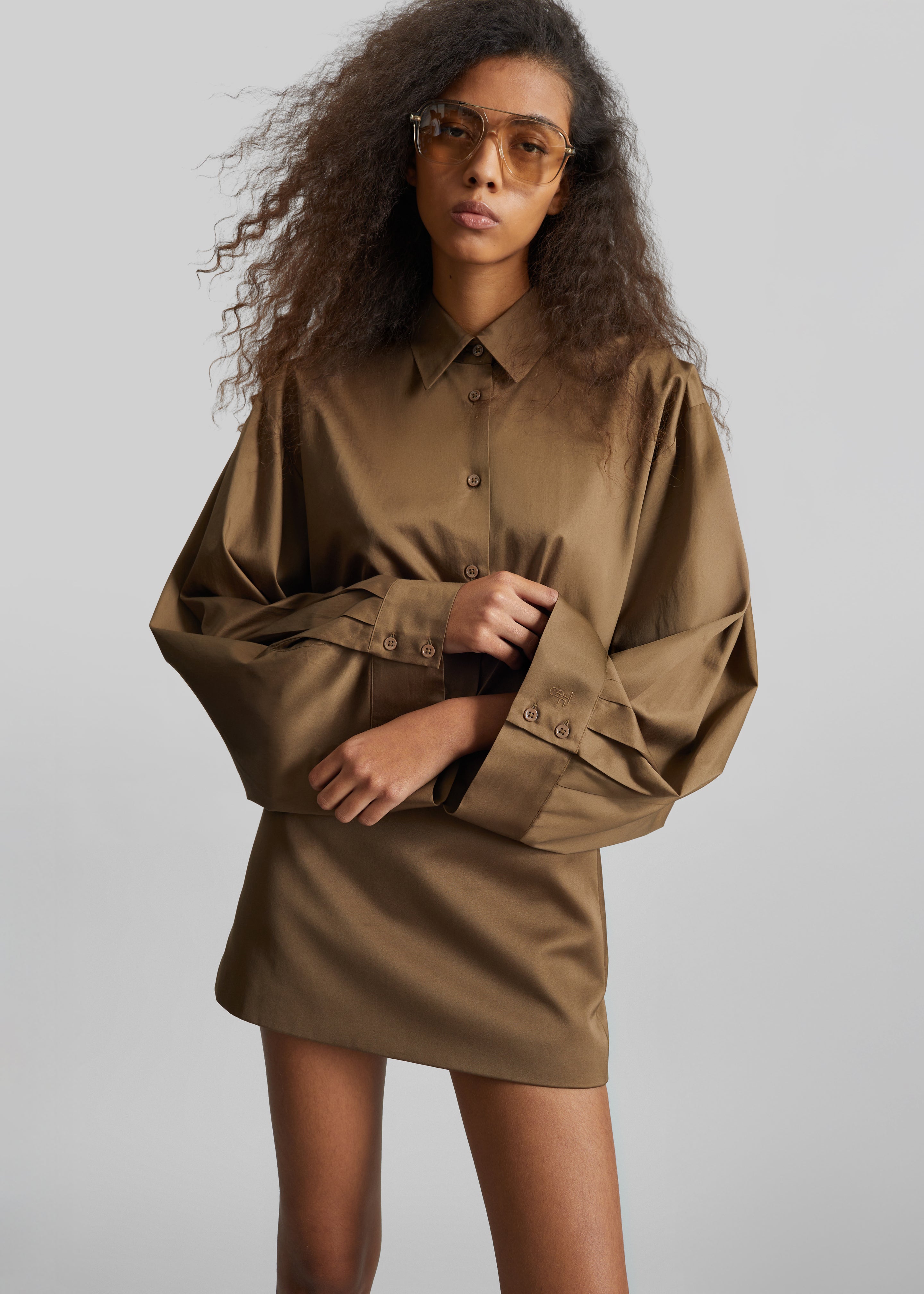 Tila Satin Wide Sleeve Shirt - Brown - 1