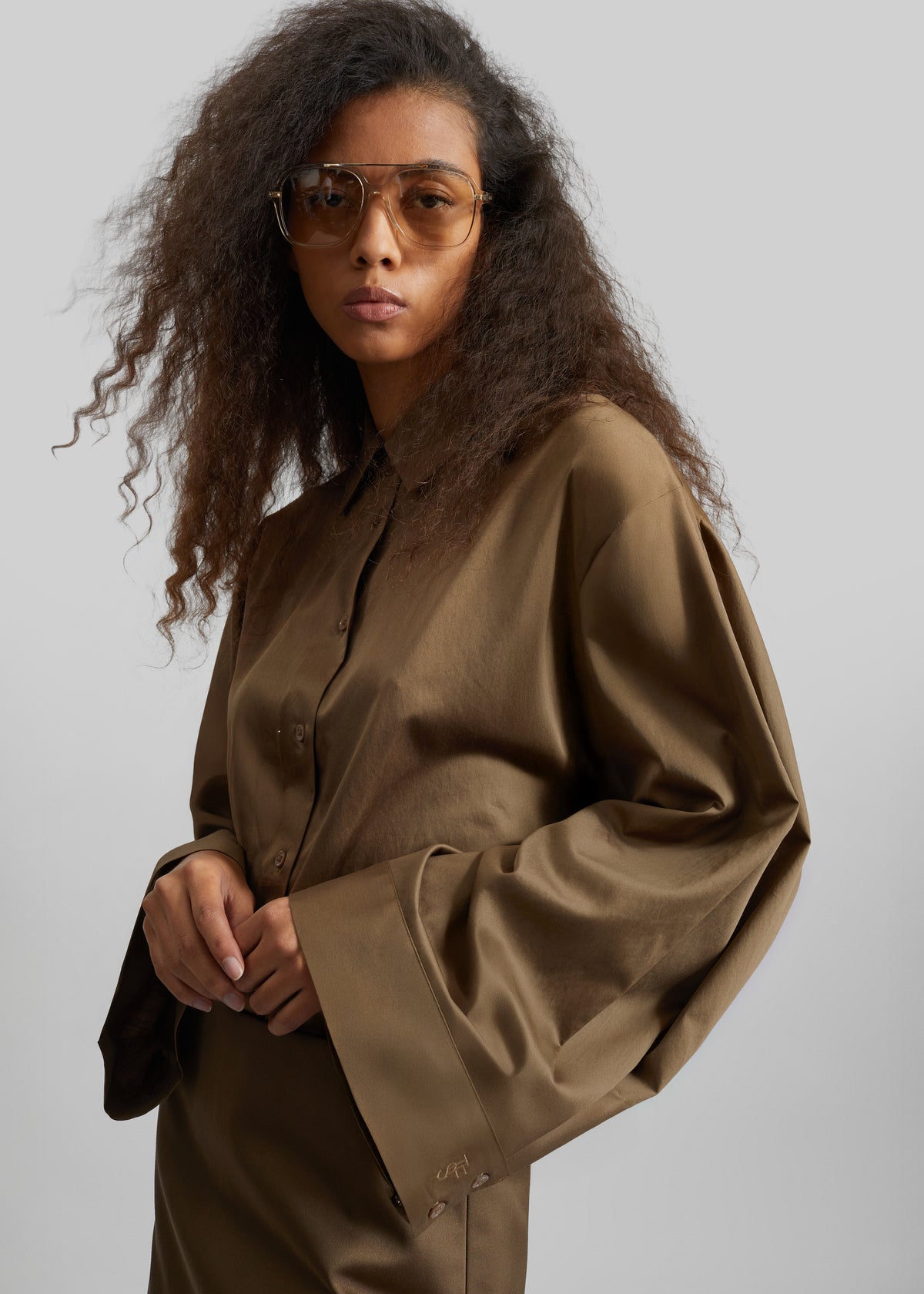 Tila Satin Wide Sleeve Shirt - Brown - 3