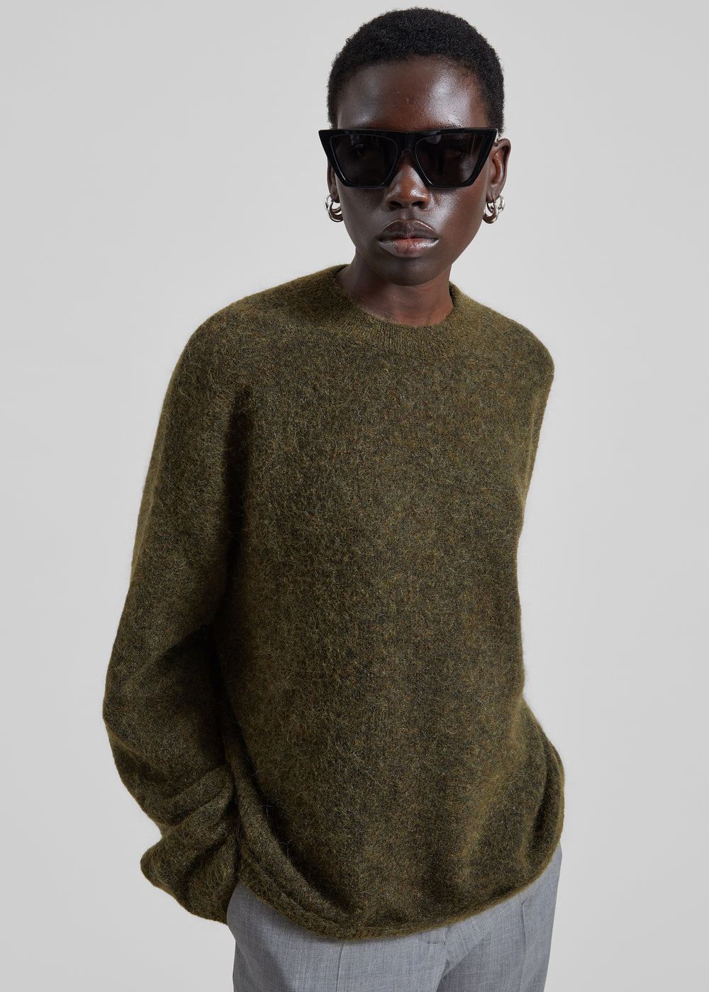 Timea Mohair Fuzzy Sweater - Dark Olive - 1