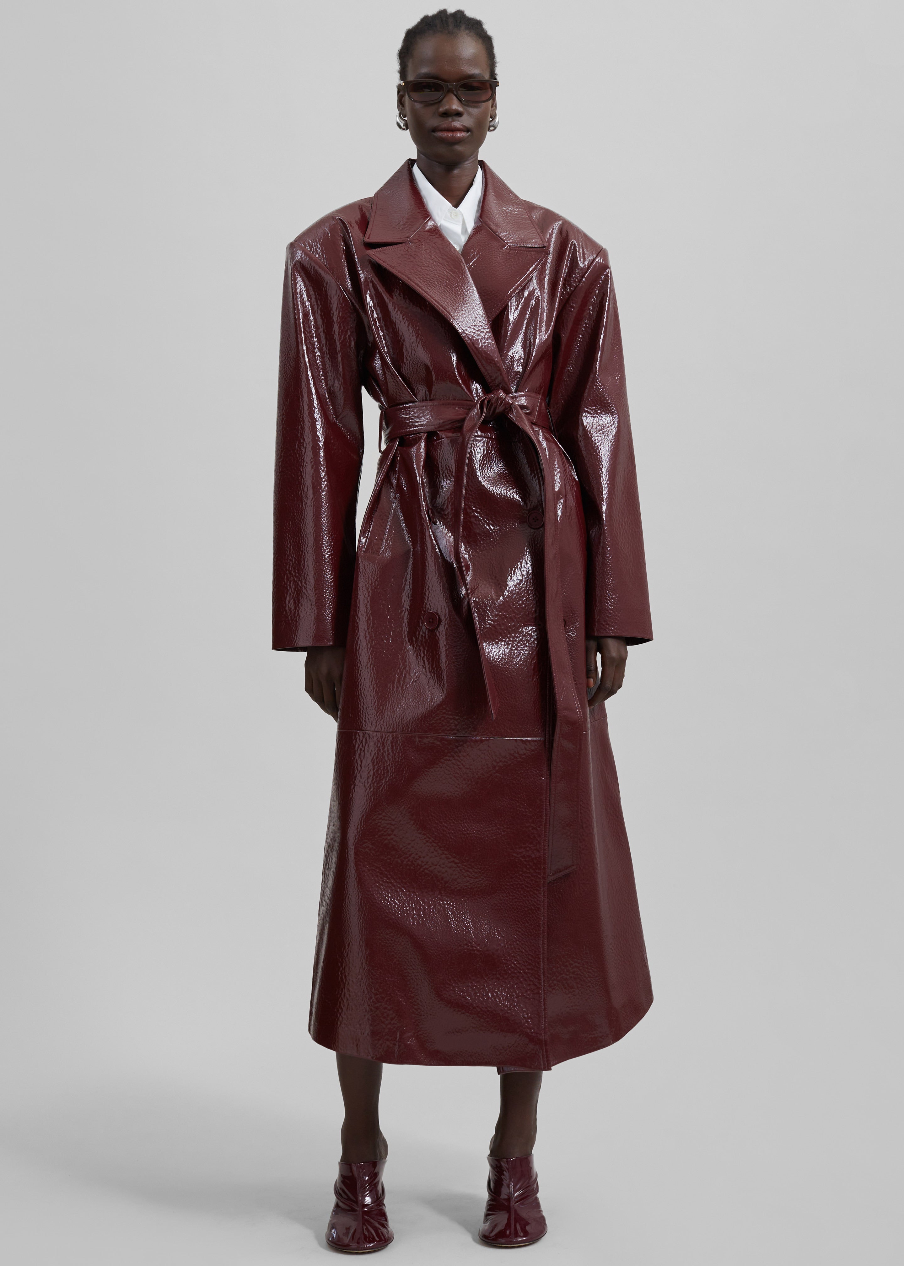 Tina Crackled Faux Leather Trench Coat - Burgundy - 4