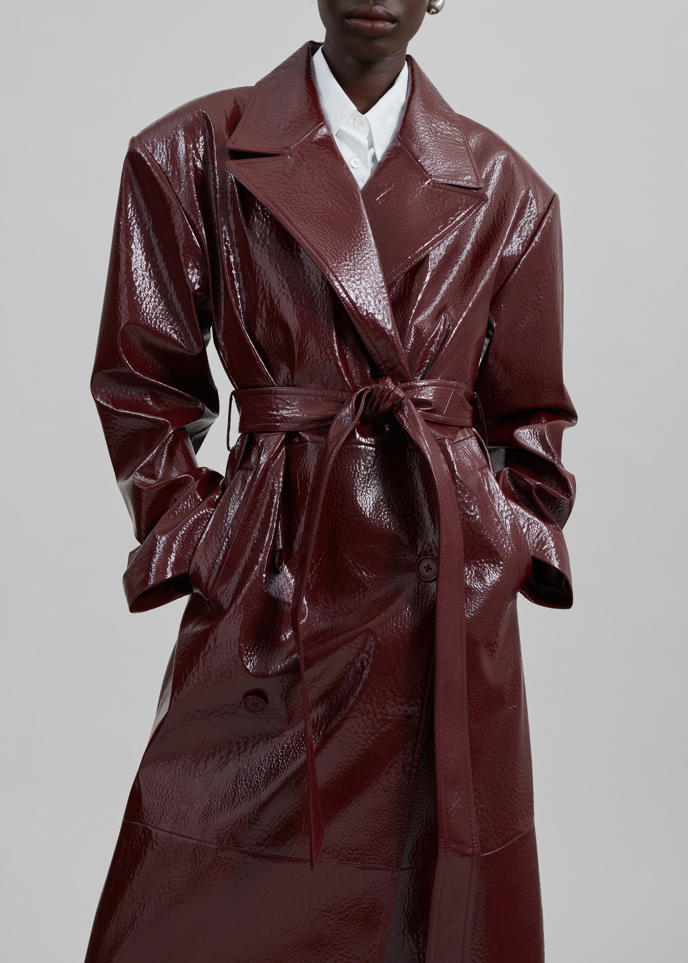 Tina Crackled Faux Leather Trench Coat - Burgundy - 2