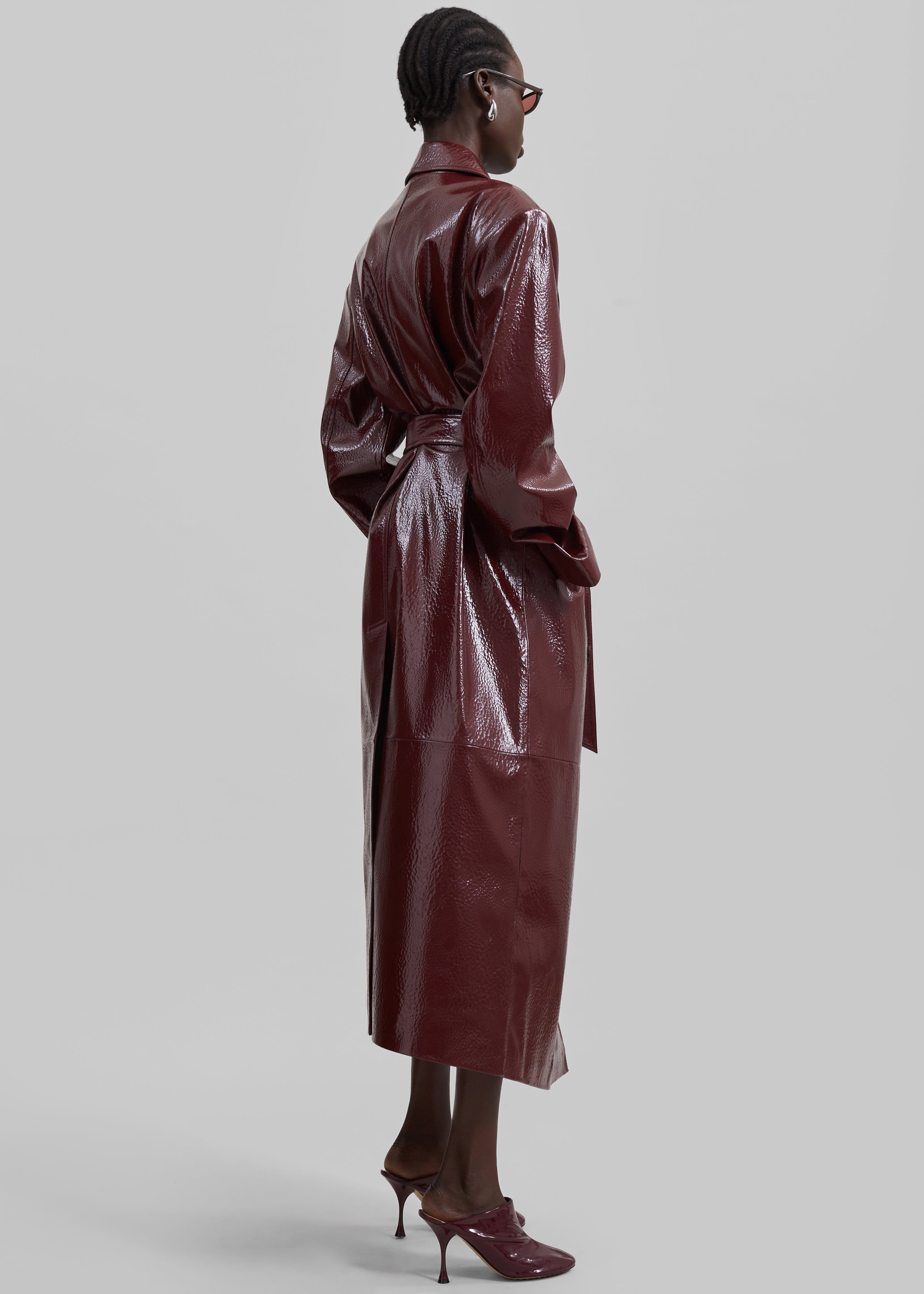 Tina Crackled Faux Leather Trench Coat - Burgundy - 9