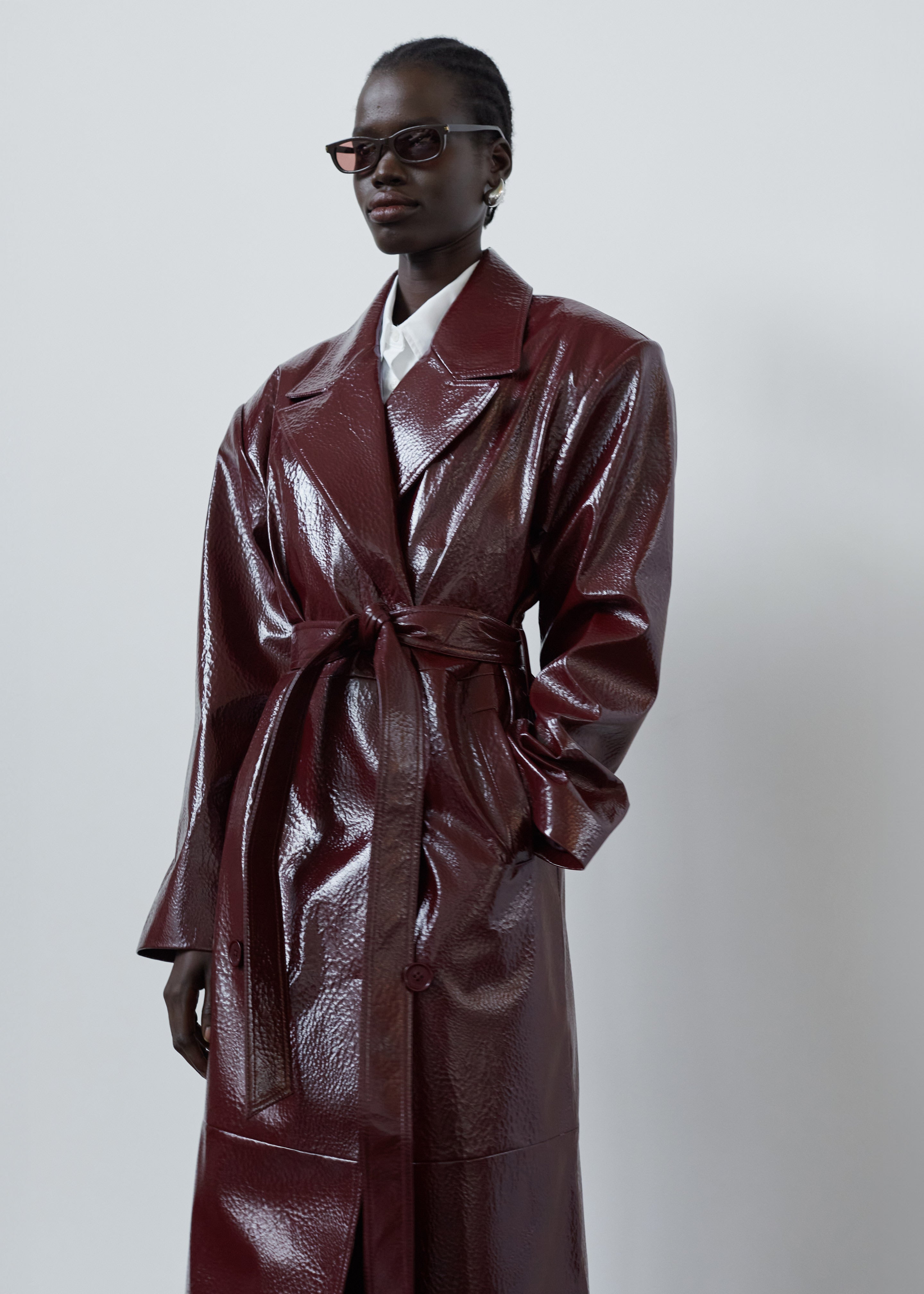 Tina Crackled Faux Leather Trench Coat Burgundy