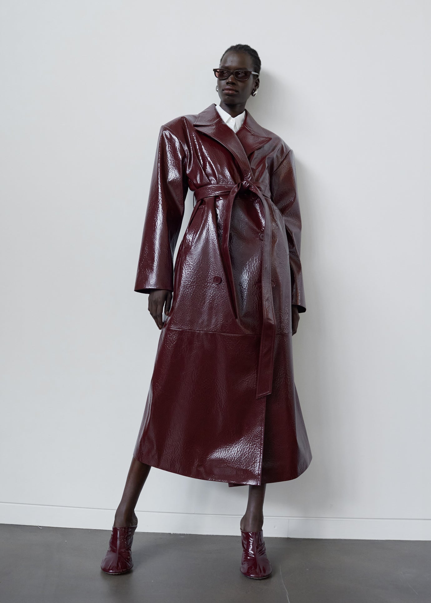 Tina Crackled Faux Leather Trench Coat - Burgundy