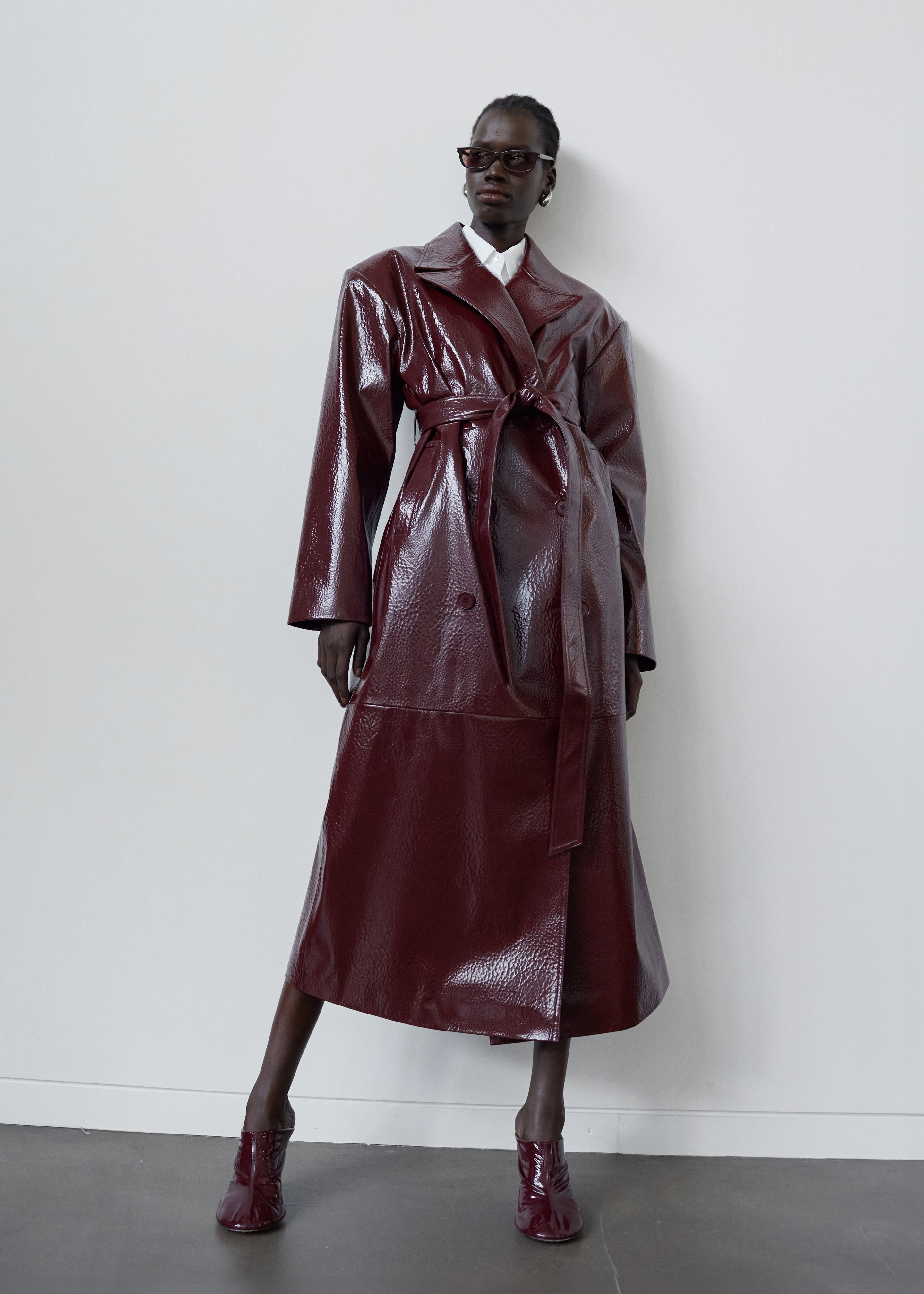 Tina Crackled Faux Leather Trench Coat - Burgundy - 5