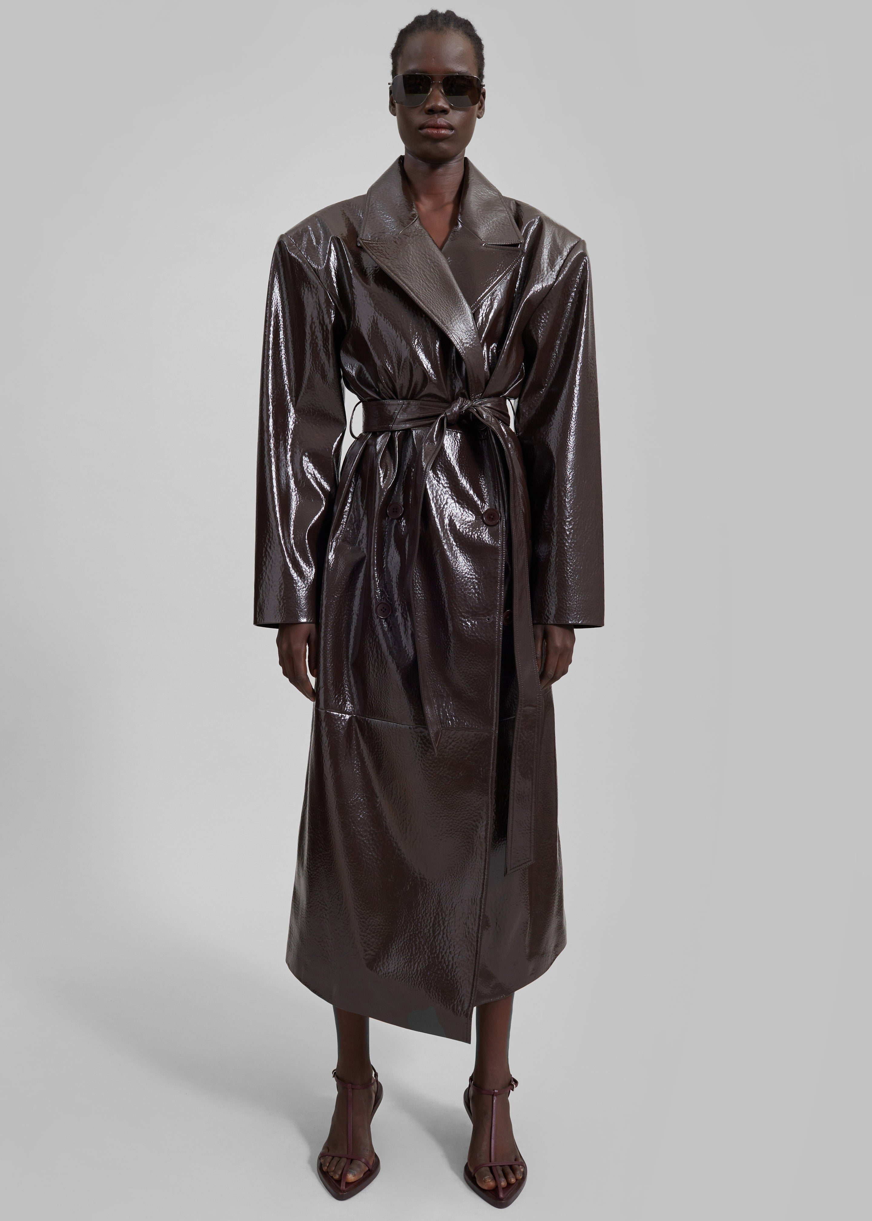 Tina Crackled Faux Leather Trench Coat - Brown - 3