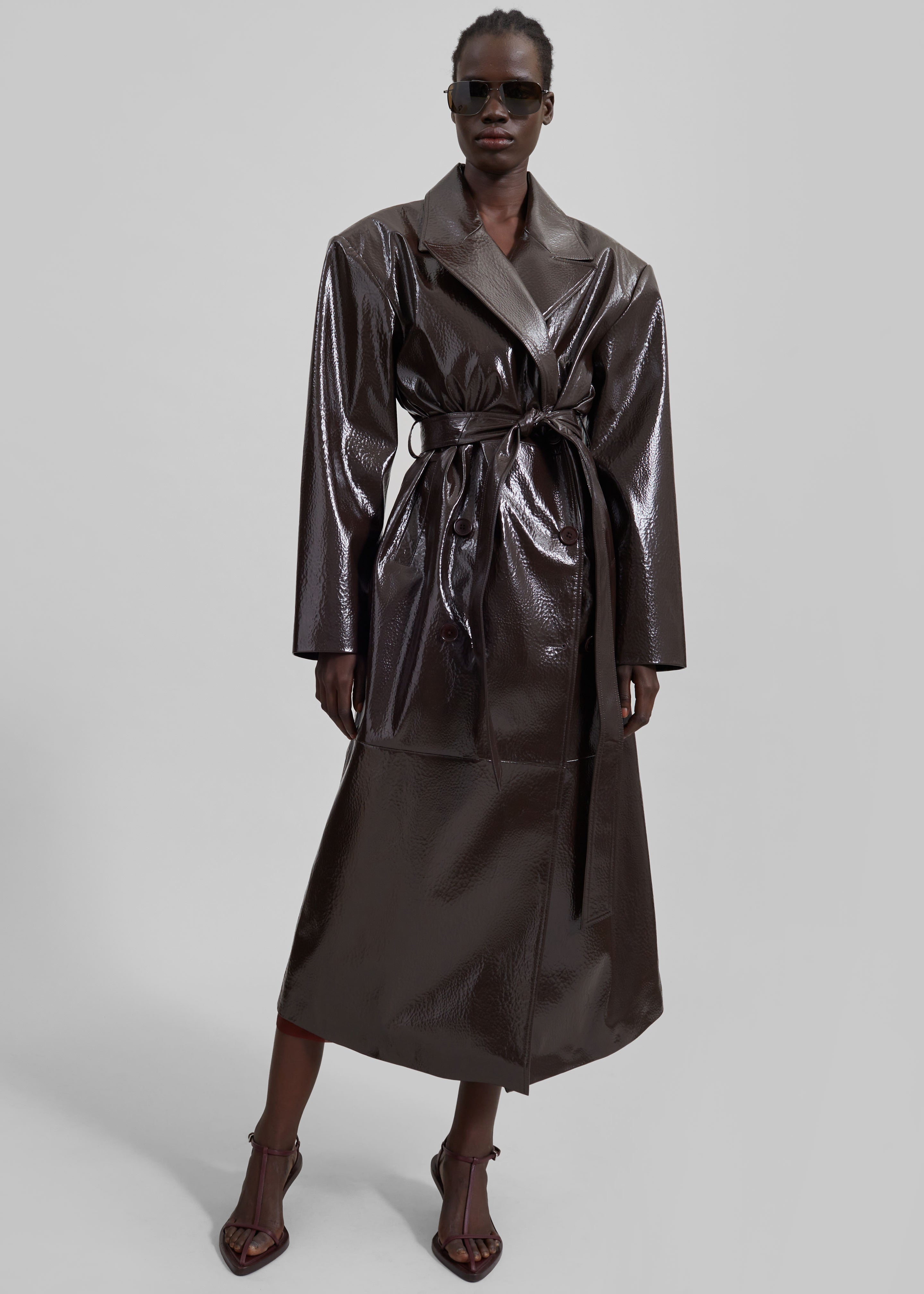 Tina Crackled Faux Leather Trench Coat - Brown - 5