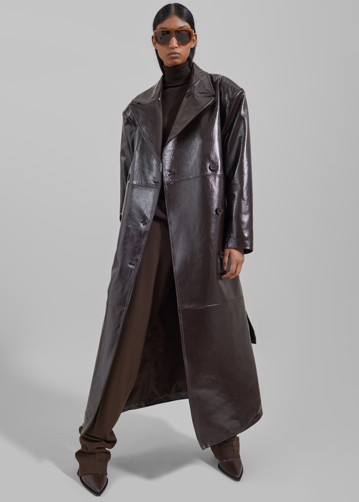 Tina Crackled Faux Leather Trench Coat - Brown