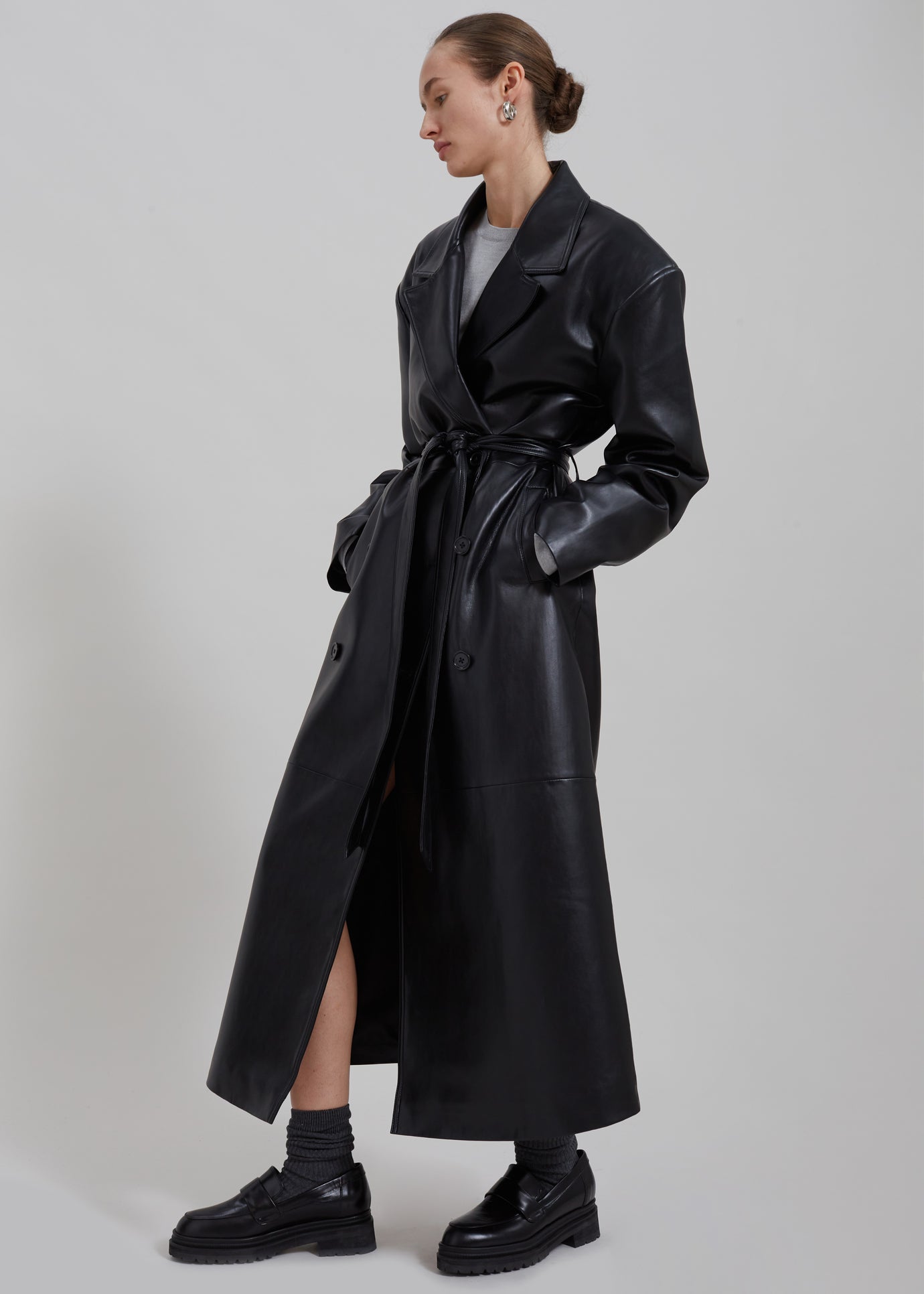 Tina Faux Leather Trench Coat - Black
