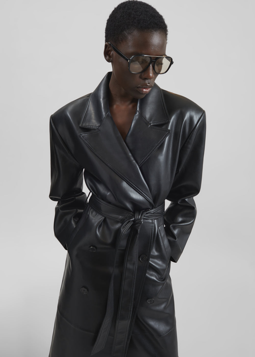 Tina Faux Leather Trench Coat - Black - 1