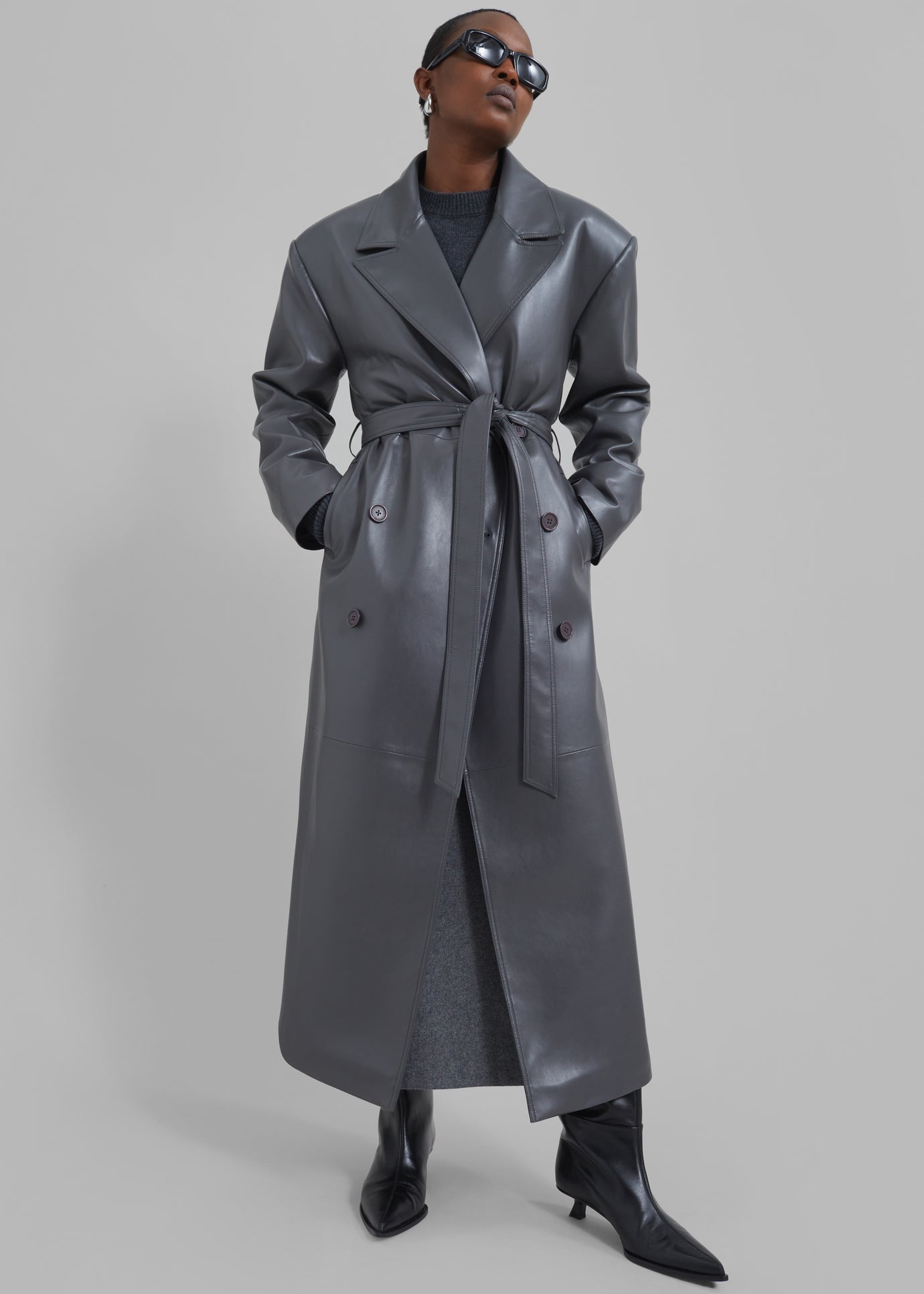 Tina Faux Leather Trench Coat - Grey