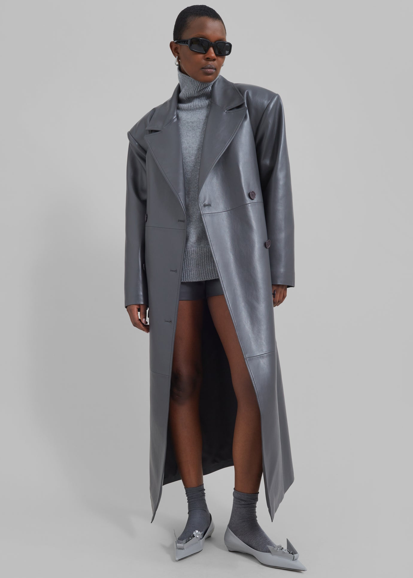 Tina Faux Leather Trench Coat - Grey
