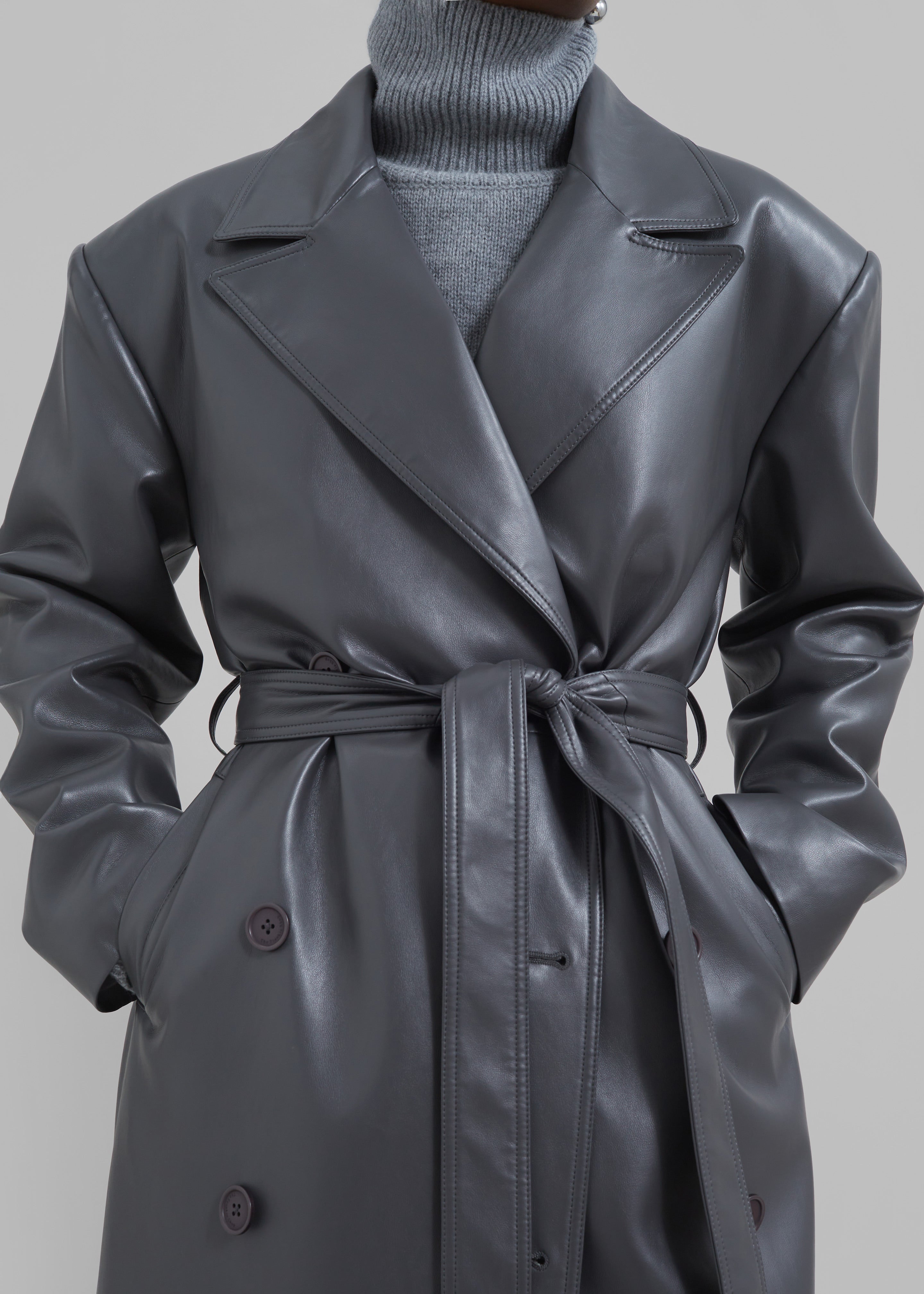 Tina Faux Leather Trench Coat - Grey - 4