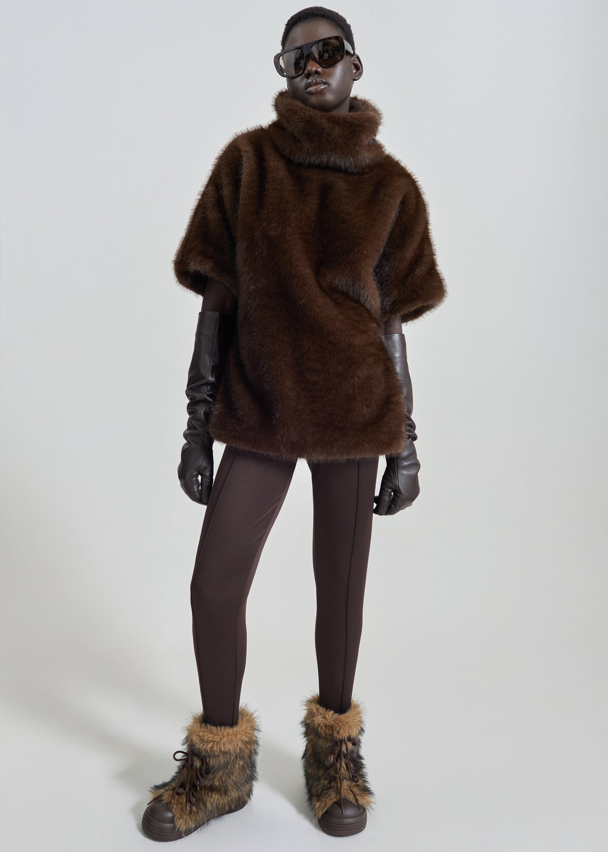 Trento Faux Fur Mock Neck Top - Dark Brown - 4