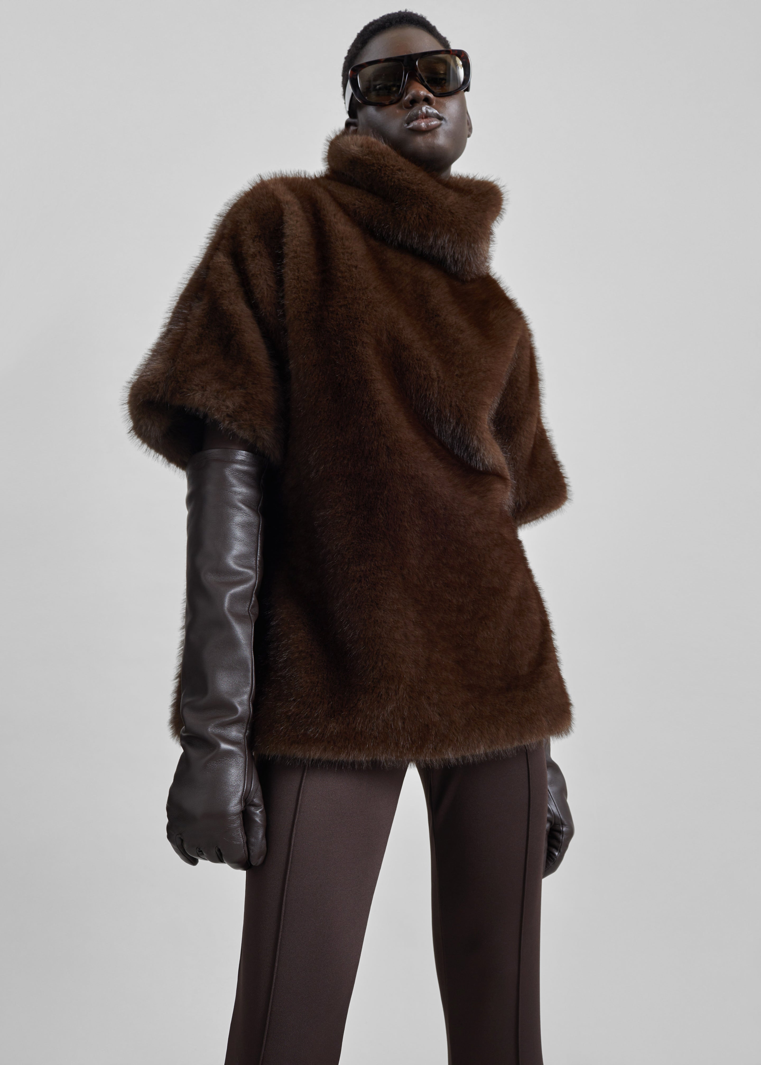 Trento Faux Fur Mock Neck Top - Dark Brown - 3