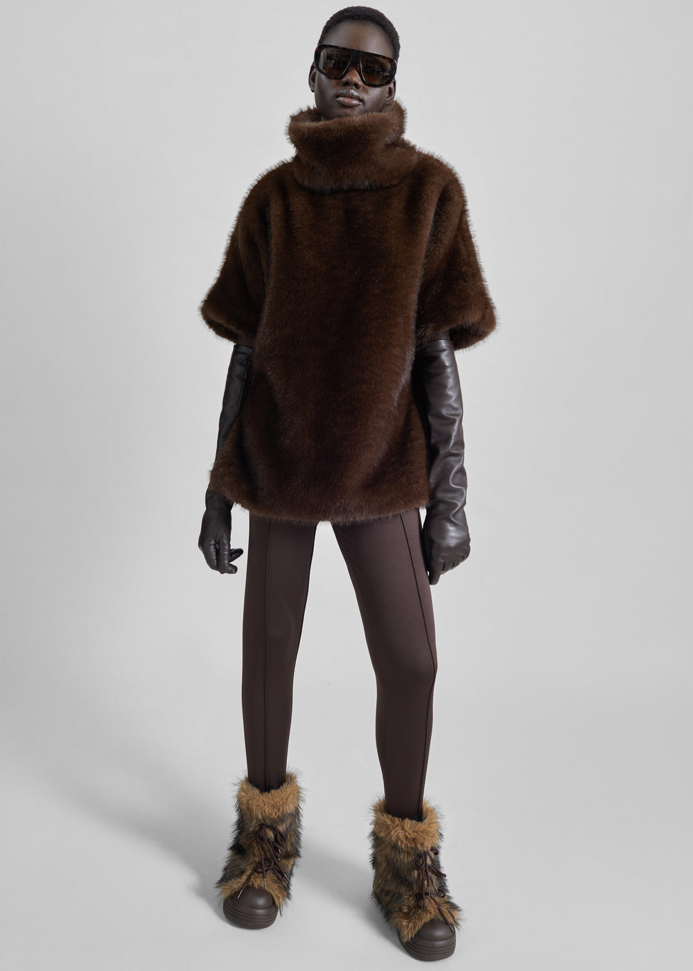 Trento Faux Fur Mock Neck Top - Dark Brown