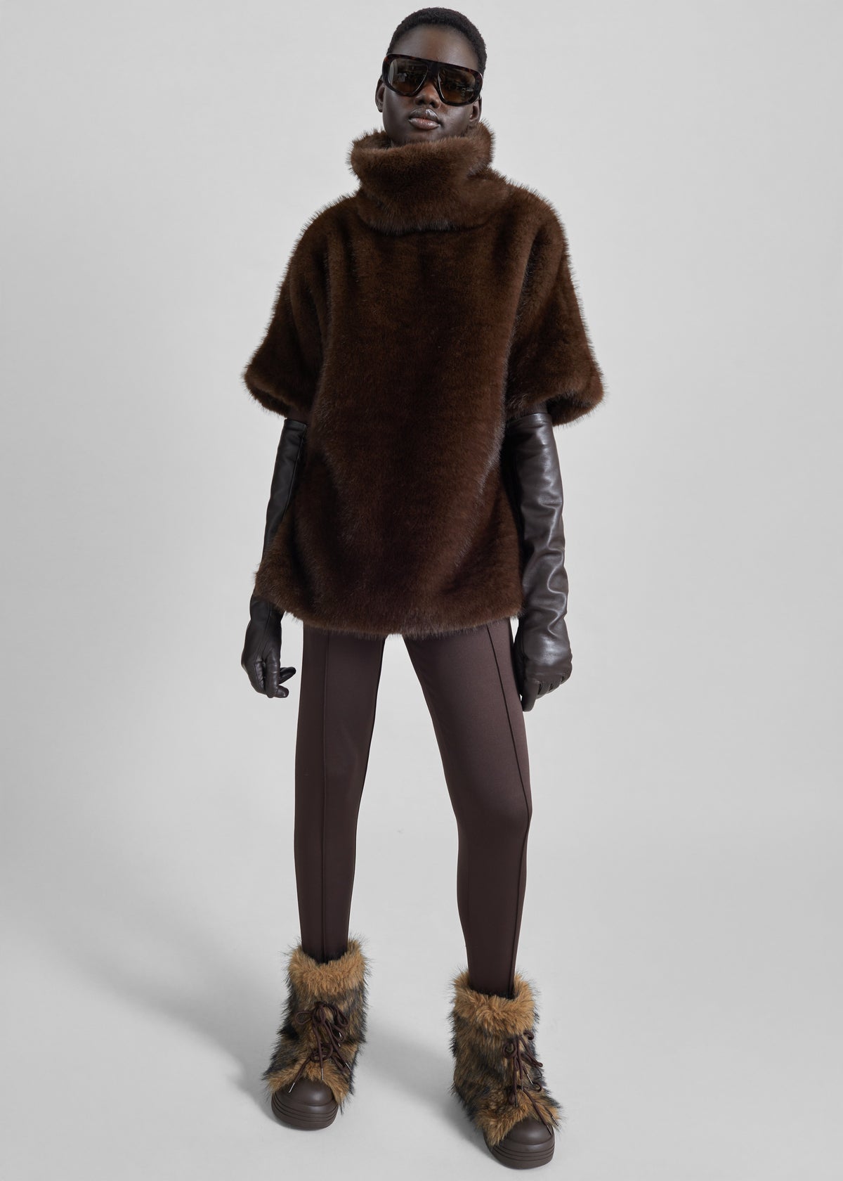 Trento Faux Fur Mock Neck Top - Dark Brown - 1