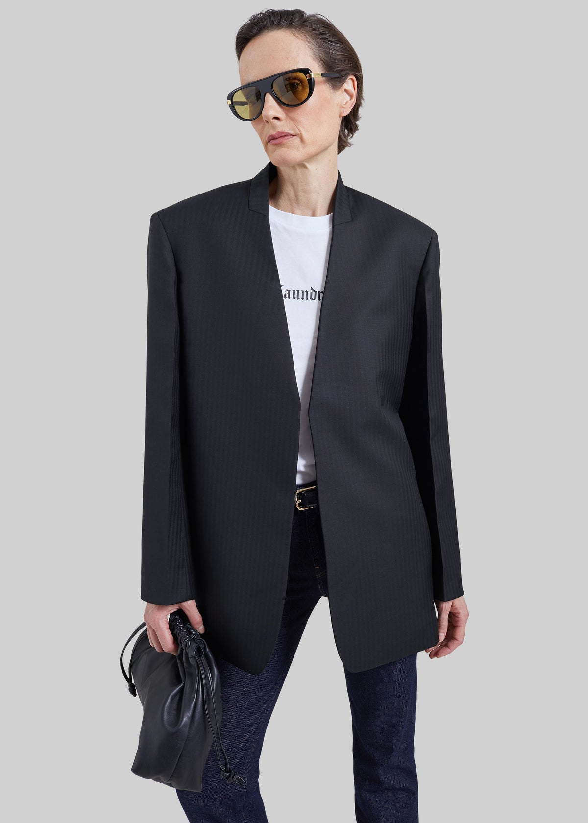 Trevis Chevron Collarless Blazer - Black