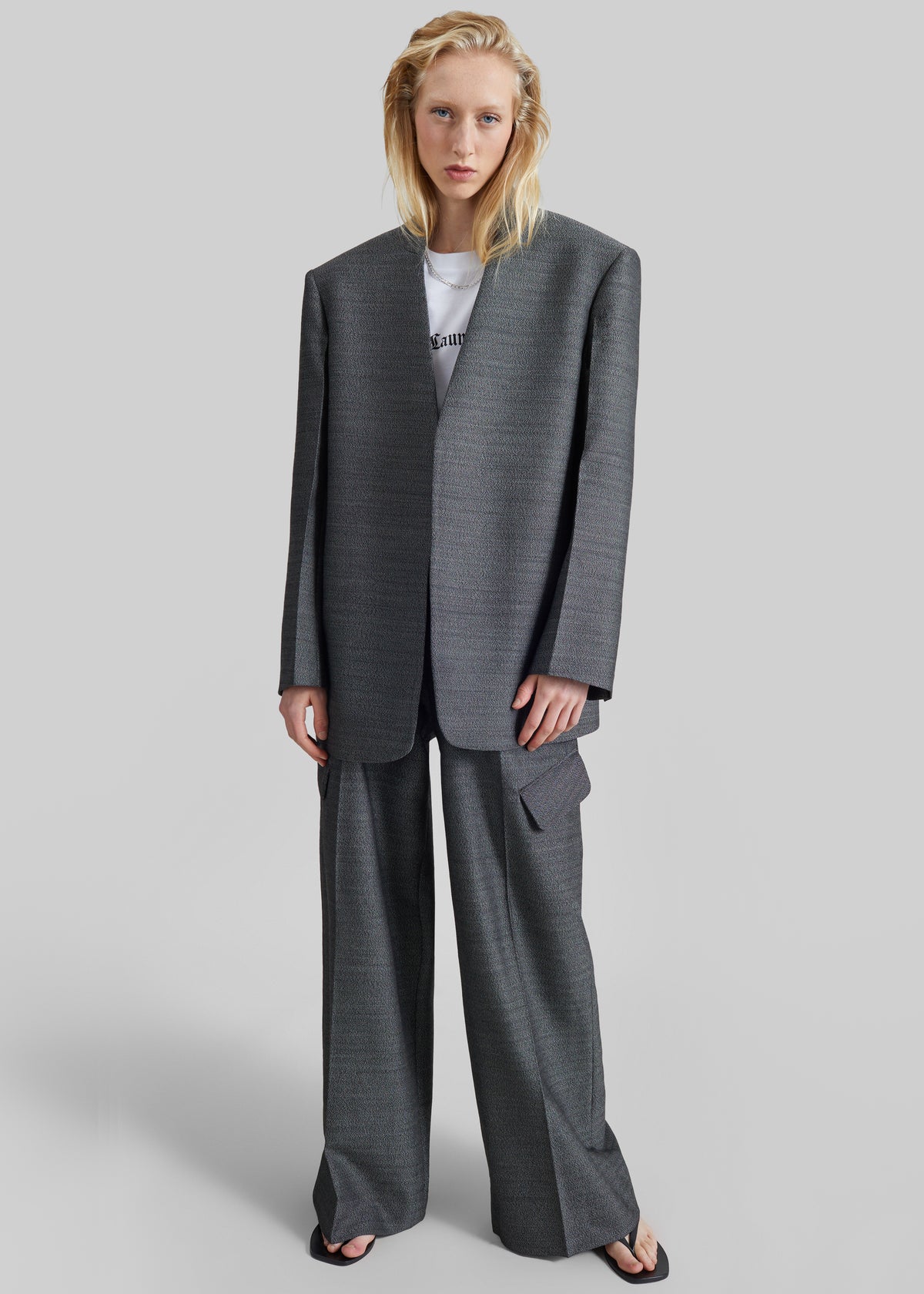 Trevis Collarless Blazer - Black Melange