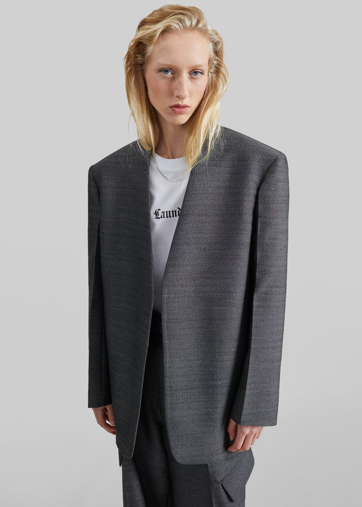 Trevis Collarless Blazer - Black Melange