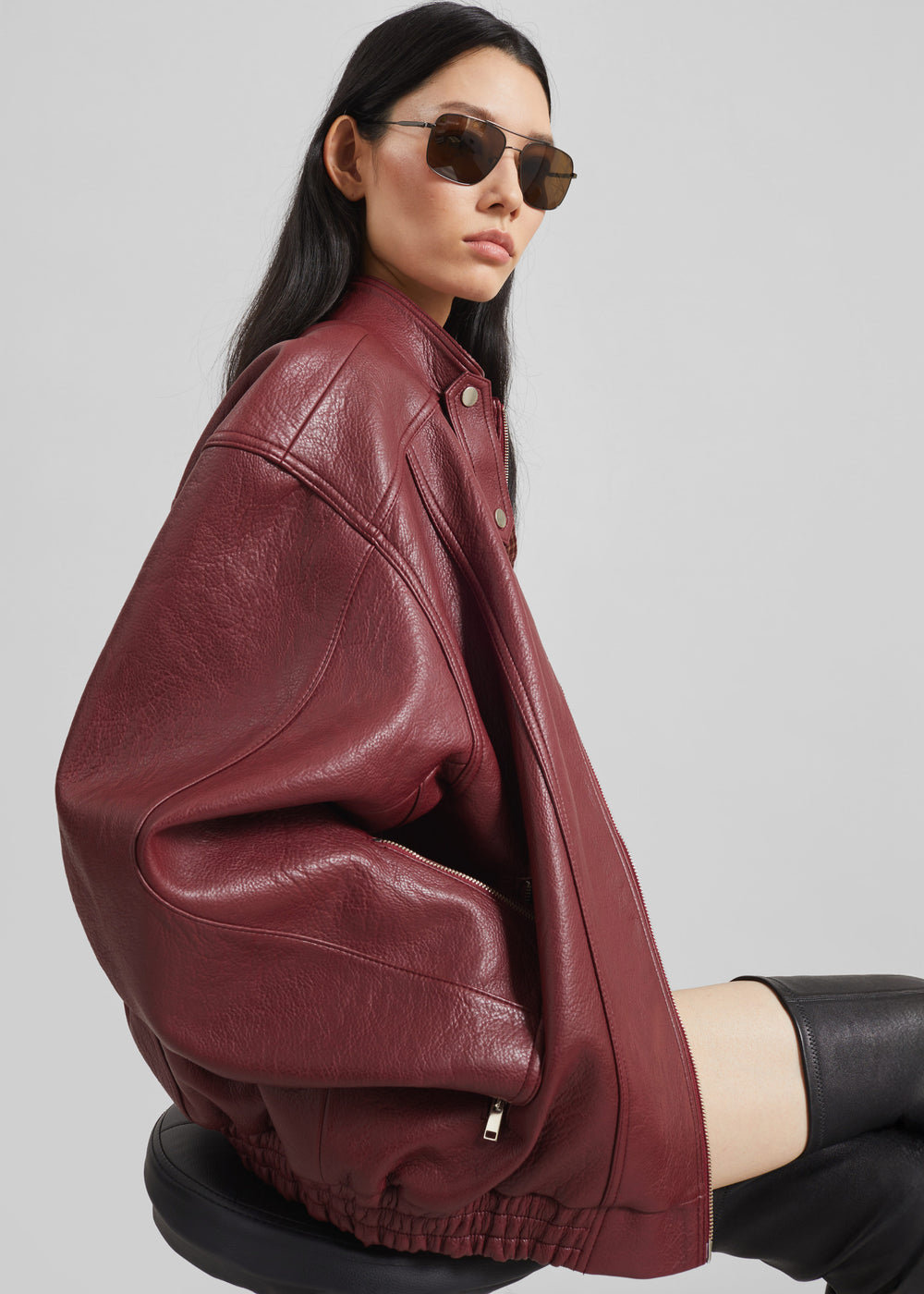 Troye Faux Leather Bomber Jacket - Burgundy - 1