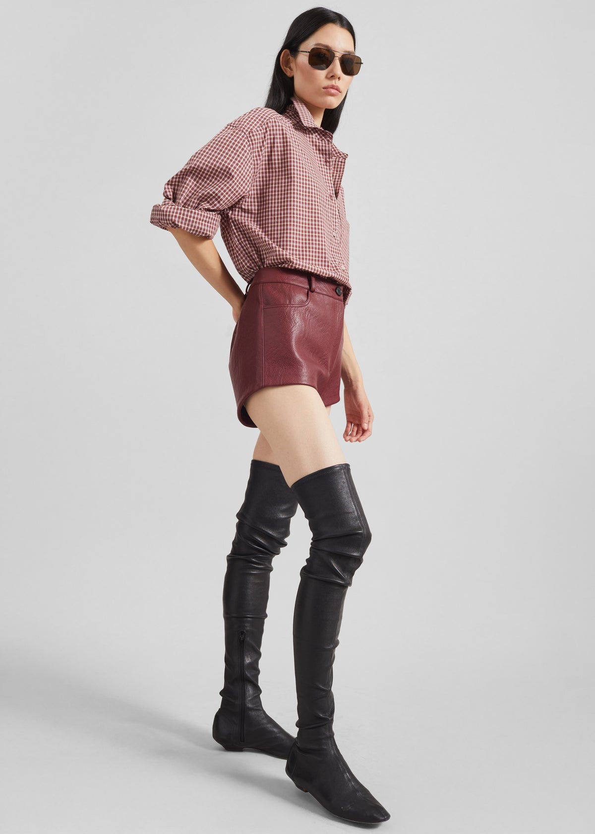 Troye Faux Leather Hot Pants - Burgundy - 5