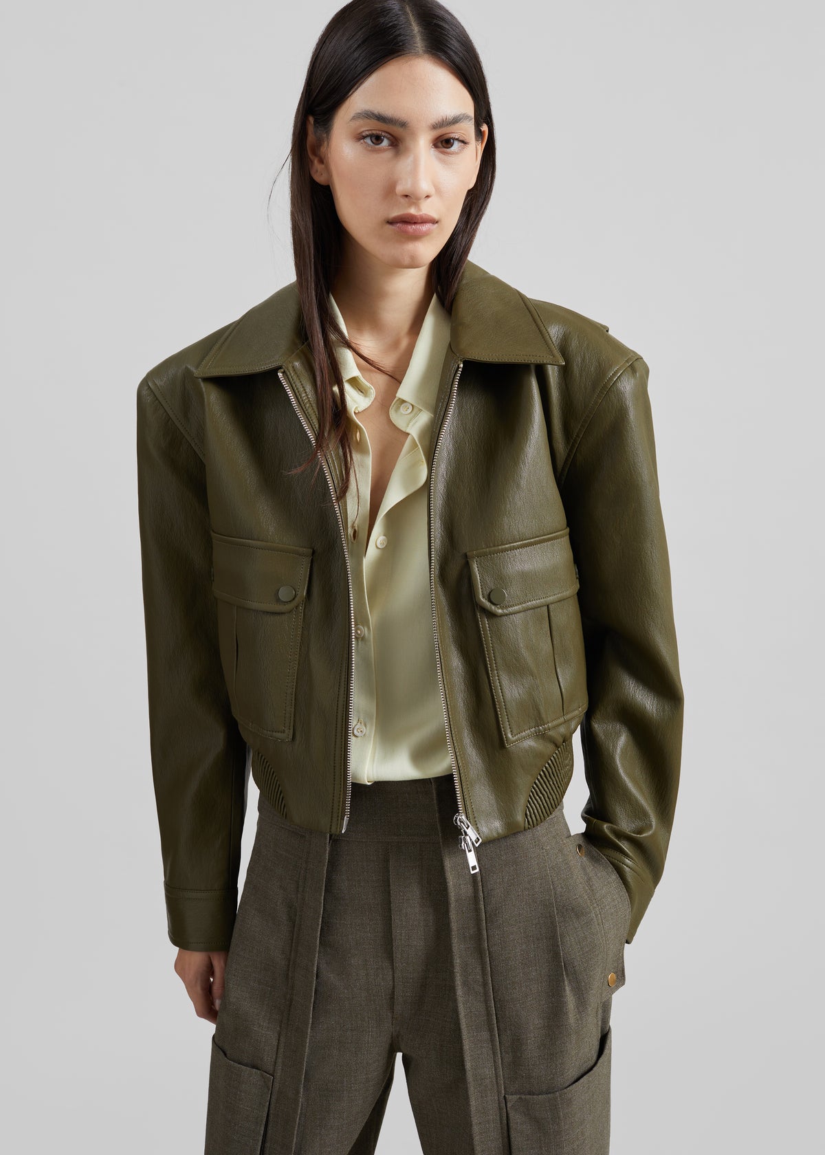 Val Faux Leather Padded Jacket - Army Green