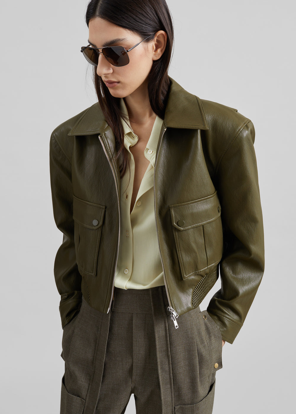 Val Faux Leather Padded Jacket - Army Green