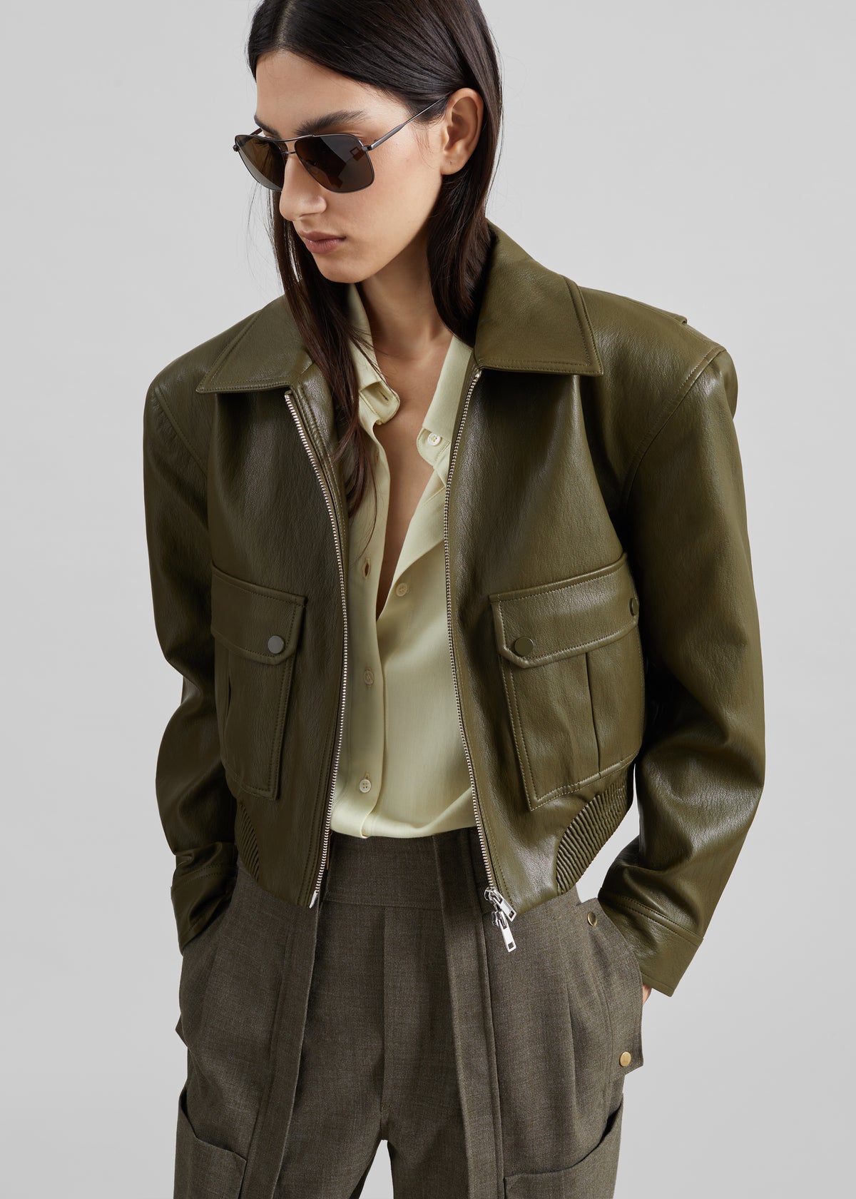 Val Faux Leather Padded Jacket - Army Green
