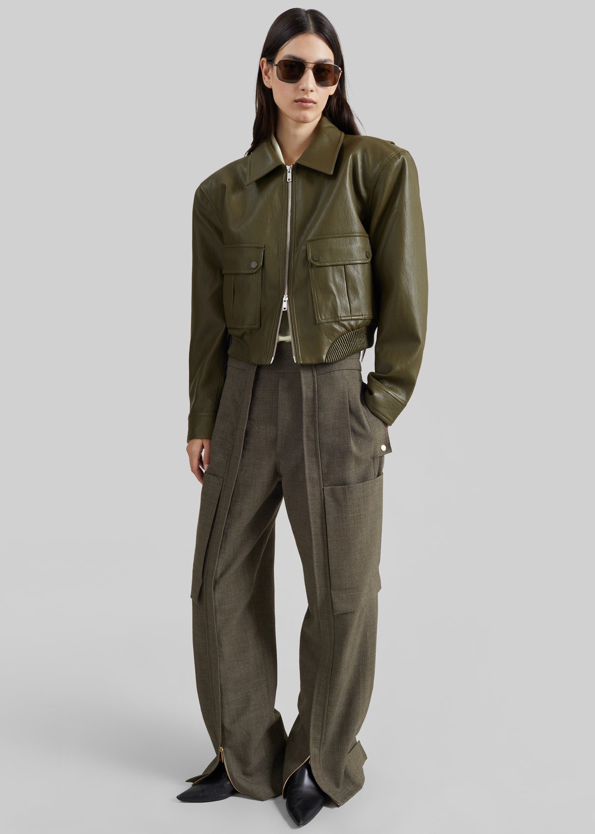 Val Faux Leather Padded Jacket - Army Green